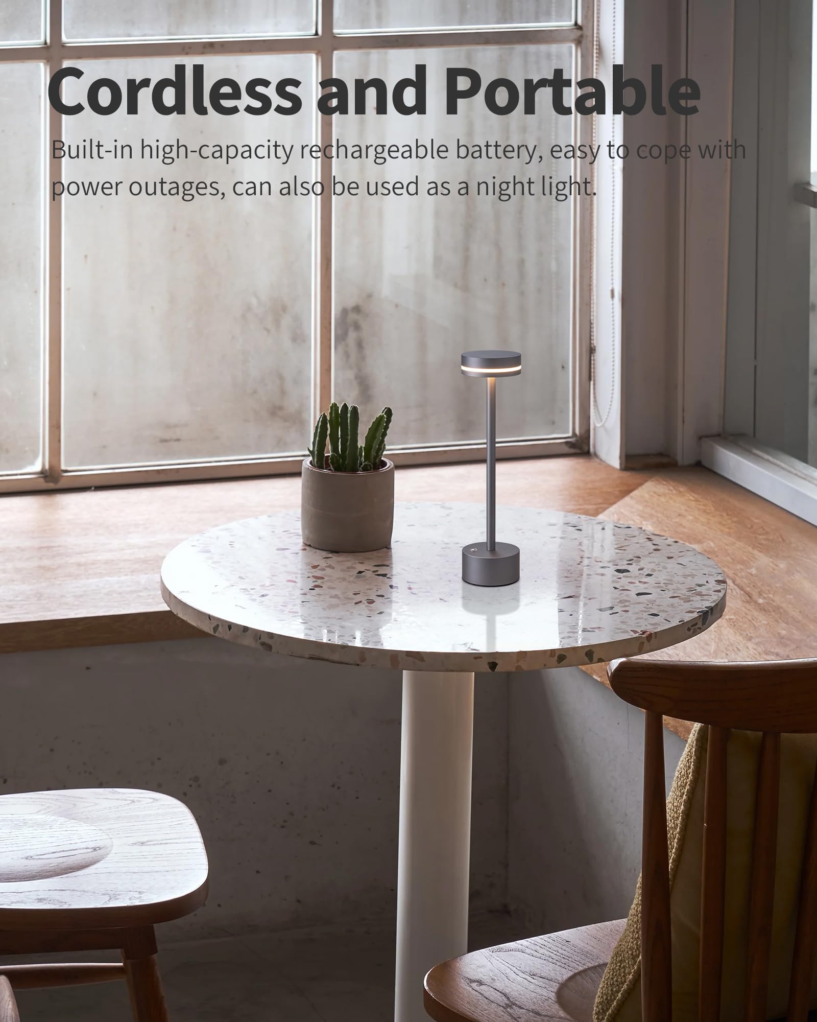 PUSU Portable LED Table Lamp, Cordless, Touch Control, Small, Gray, Model AMZ-TBL1800-YU