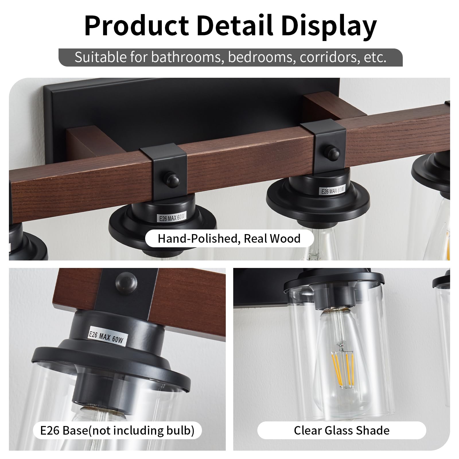 Aixialin 6-Light Farmhouse Vanity Light Fixture, Industrial Metal & Wood Sconce, Black & Wooden, Model 600-100-1093