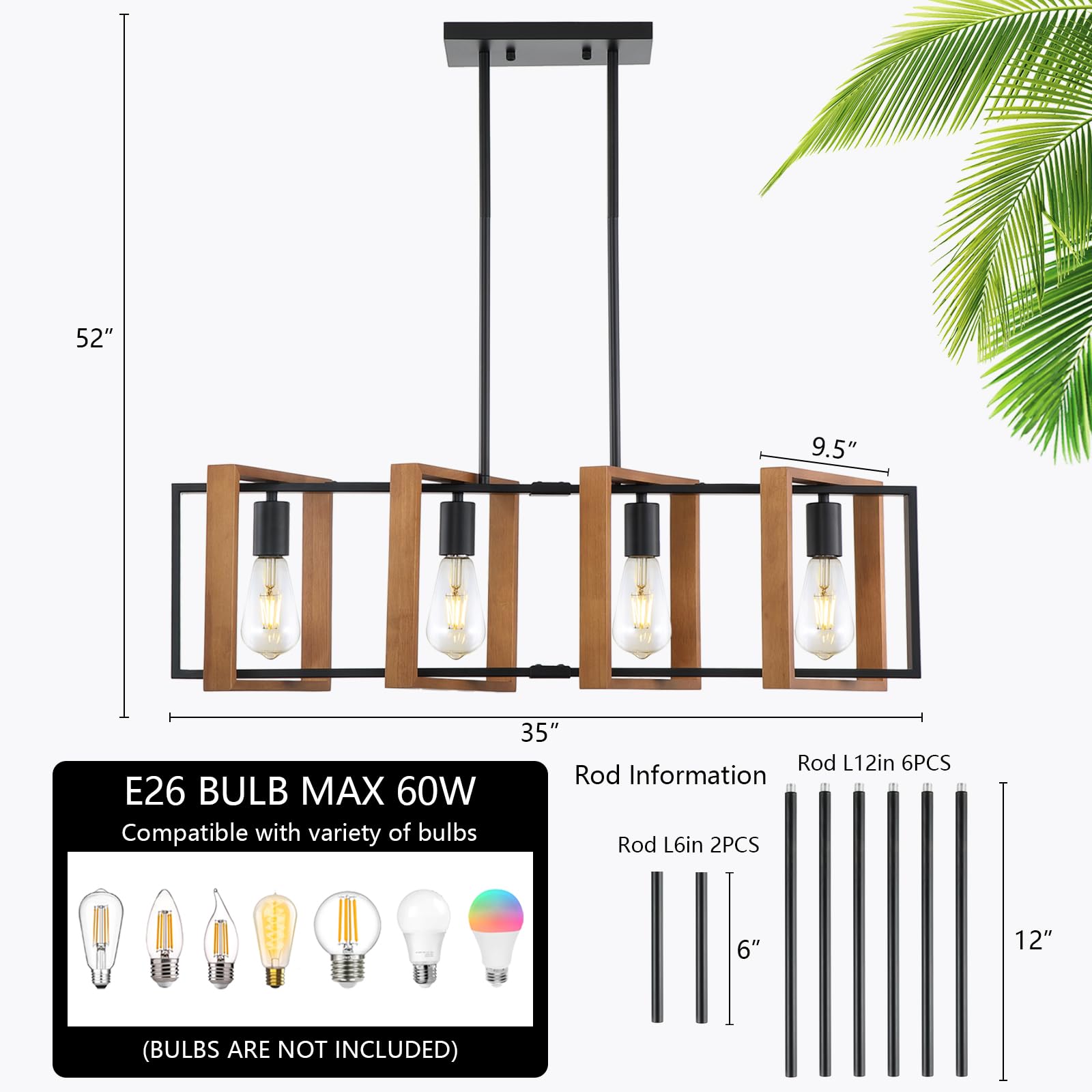 9MMML 4-Light Kitchen Island Chandelier, Wooden Frame, Black Metal Finish, Model P2028-04-WD