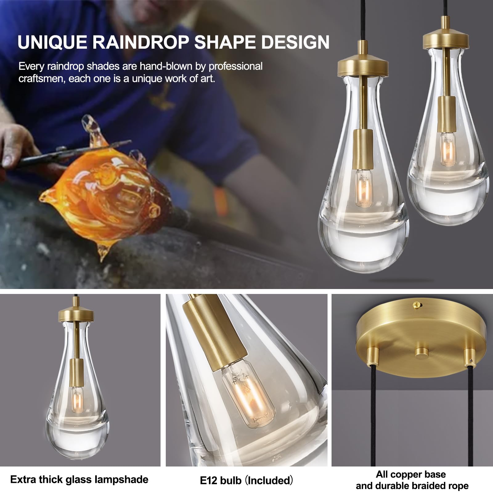 Joyunleo Brass Raindrop Pendant Lights Kitchen Island 2-Light  Cluster Gold Pendant Light Fixture For Bedroom  Dimmable Dining Room Light Fixture Hanging Pendant Lighting Ceiling Chandelier For Foyer