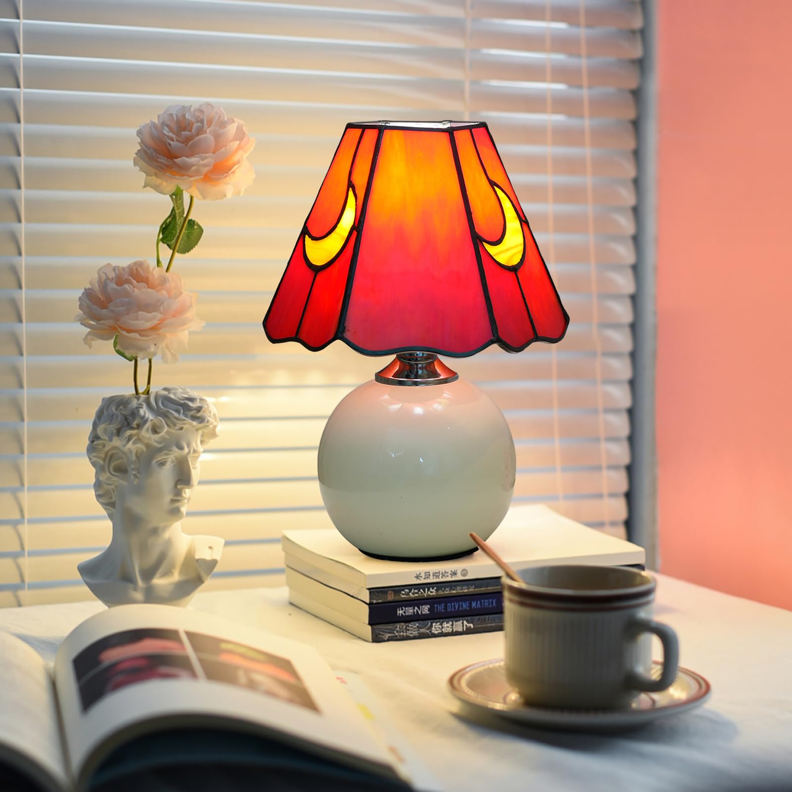KIPHEPI Mushroom Lamp Tiffany Stained Glass Table Lamp Moon Mushroom-Red Model OFU1208 for Home Decor and Gifts