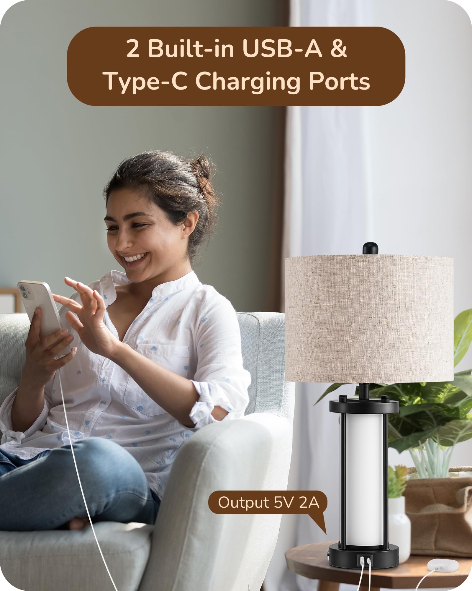 EDISHINE 22.44 Farmhouse Table Lamps with Night Light, 3 Way Dimmable Touch Control Bedside Lamp Set of 2, Rustic Nightstand Lam