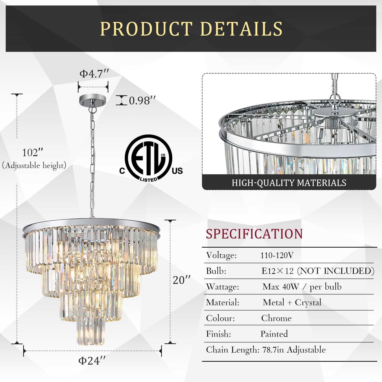 Catiner Modern Crystal Chandeliers Chrome 24    Luxury Chandeliers 4-Tier 12 Lights K9 Crystal Round Ceiling Pendant Light Fixtu