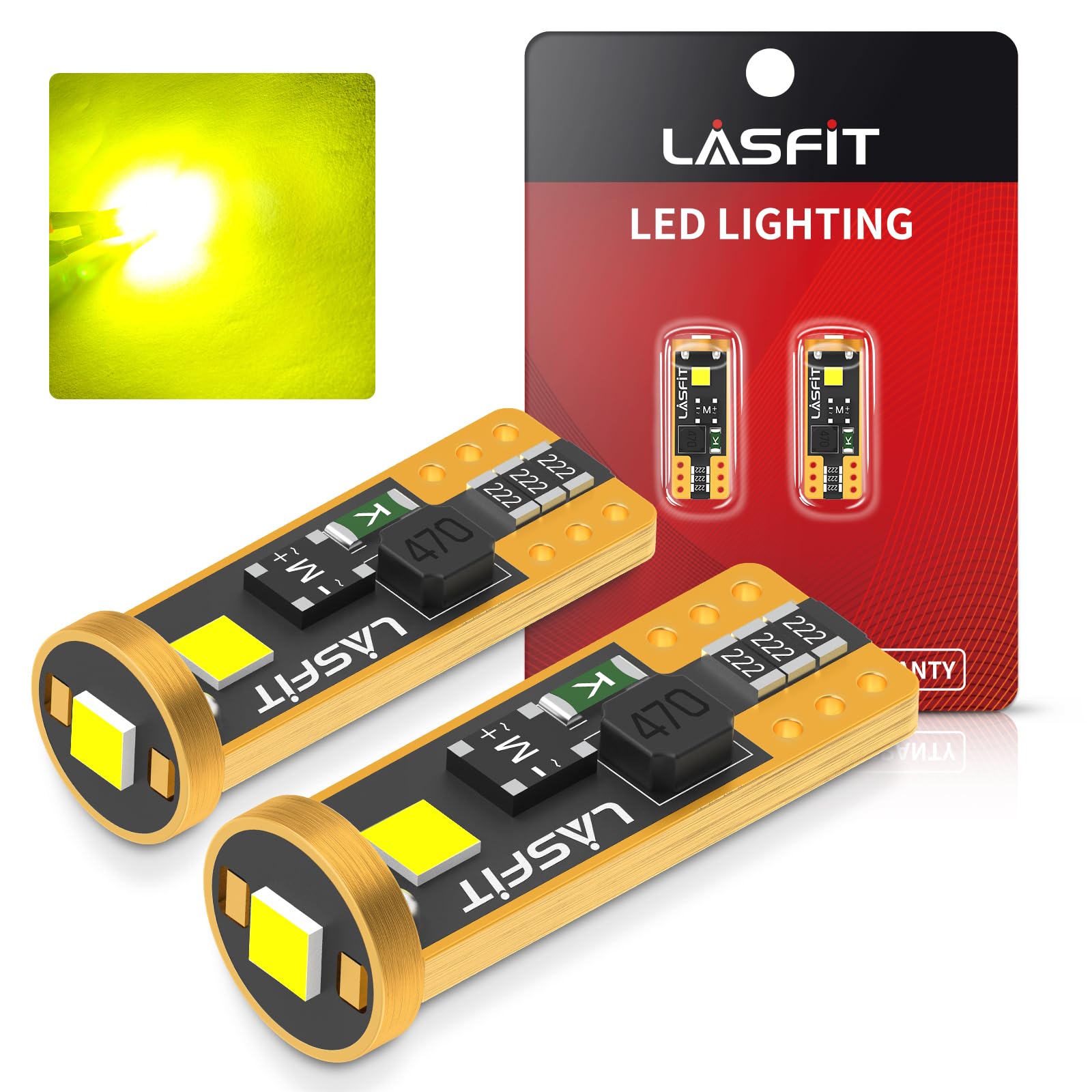 LASFIT 194 LED Light Bulb, 400 Lumens, T10 Wedge, Pack of 2, Yellow, Model L-T10GY