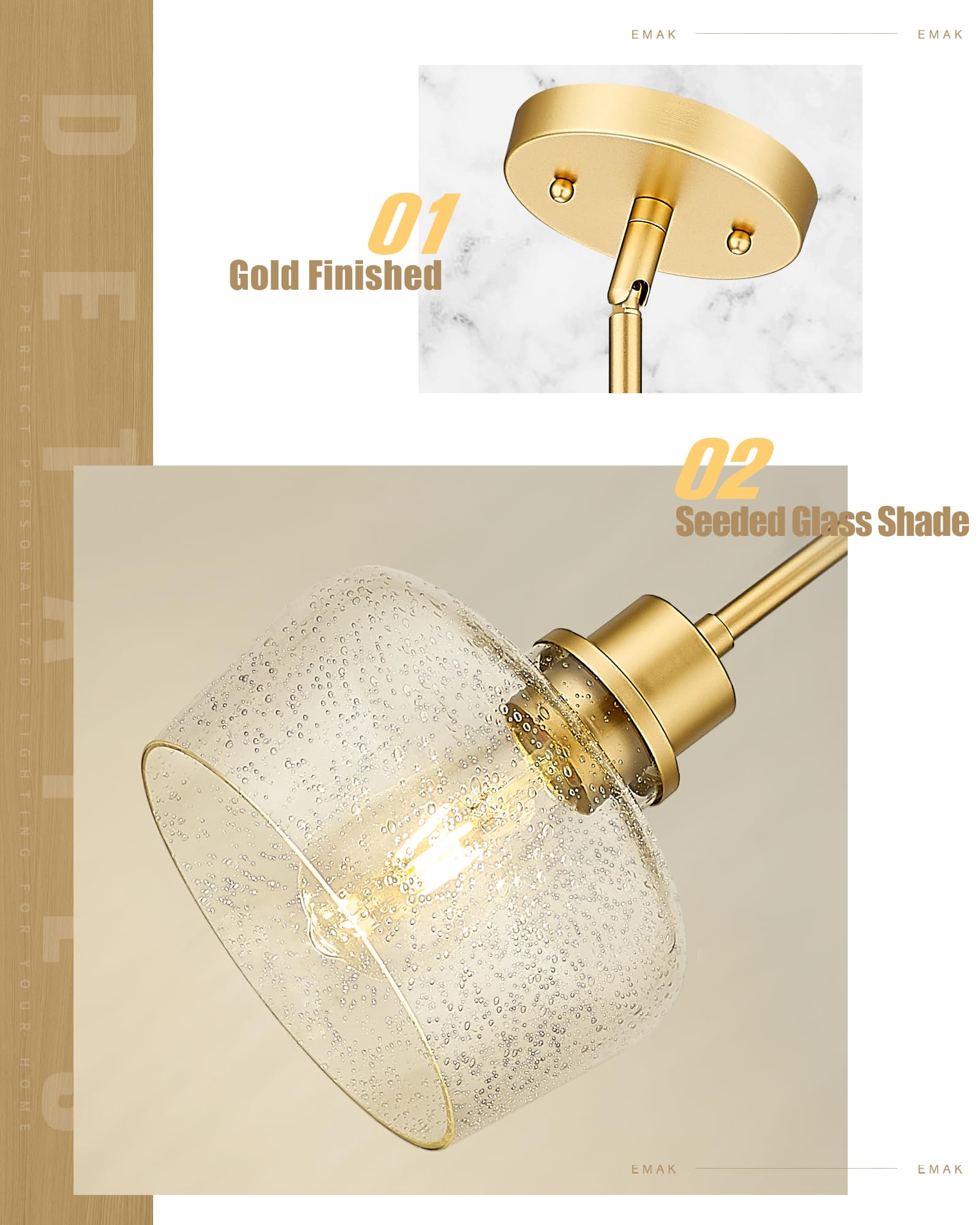 Emak 8 Inch Gold Pendant Light Fixtures, Modern Pendant Lights Kitchen Island With Seeded Glass Shade, 1 Light Hanging Light For