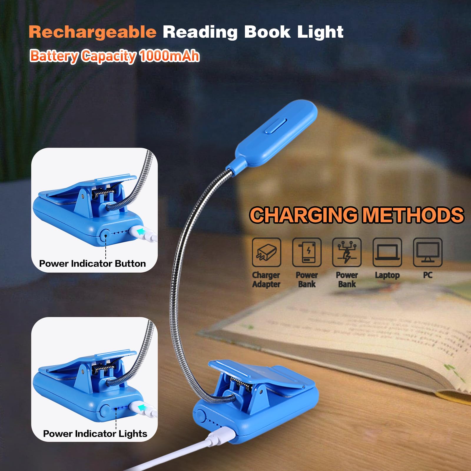 VAVOFO Rechargeable Book Light - 7 LED, 9-Level Brightness, Eye Care, Blue Lotus, Model KM-6720
