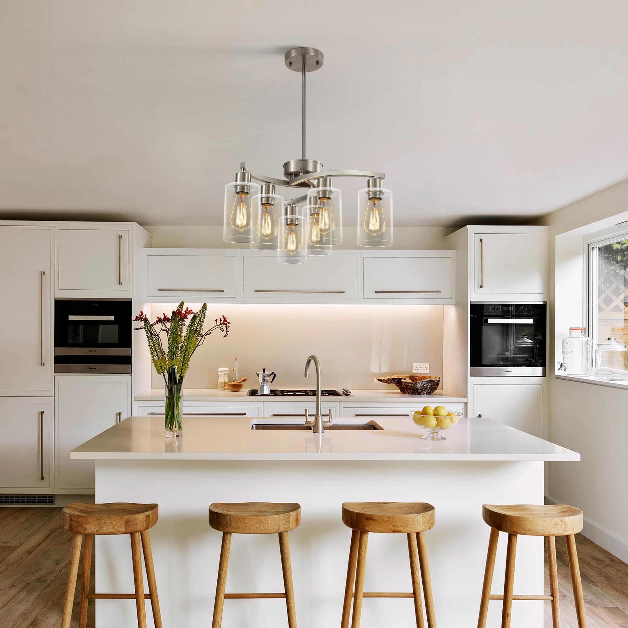 Cnratye 6-Light Brushed Nickel Chandeliers For Dining Room Light Fixtures Over Table, Adjustable Height Hanging Industrial Penda