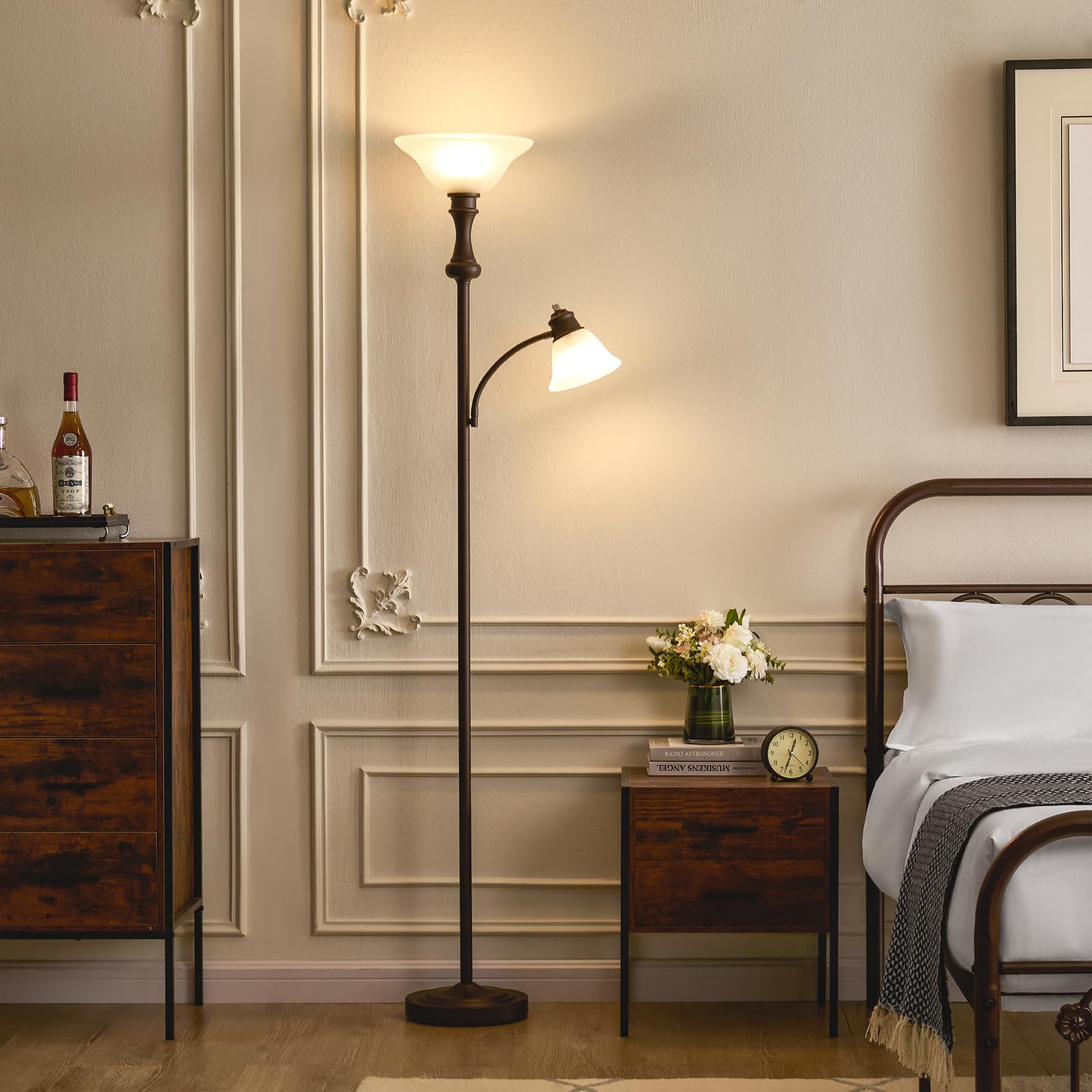 Leasgy 71 Torchiere Floor Lamp For Bedroom With Glass Shade  Tall Floor Lamps For Living Room With Adjustable Angle Arc Reading Light  Modern Standing Light  Knob Switch  Bulb Included  Red Brown