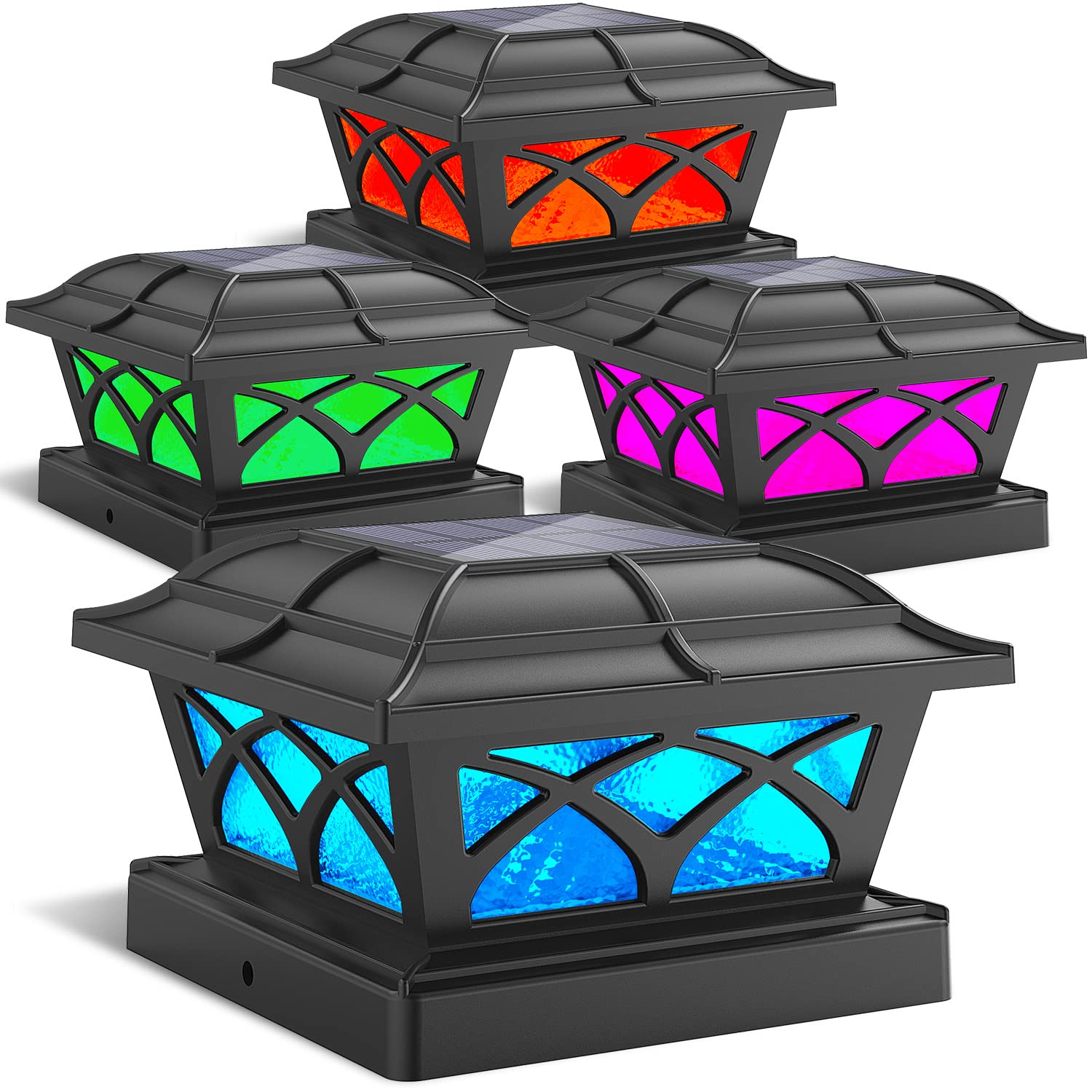 SIEDiNLAR Solar Post Cap Lights Outdoor Glass 2 Color Modes for 4x4 5x5 6x6 Wooden Vinyl Posts Fence Deck Patio Decoration RGB Color Changing/Warm White Lighting Black (4 Pack)