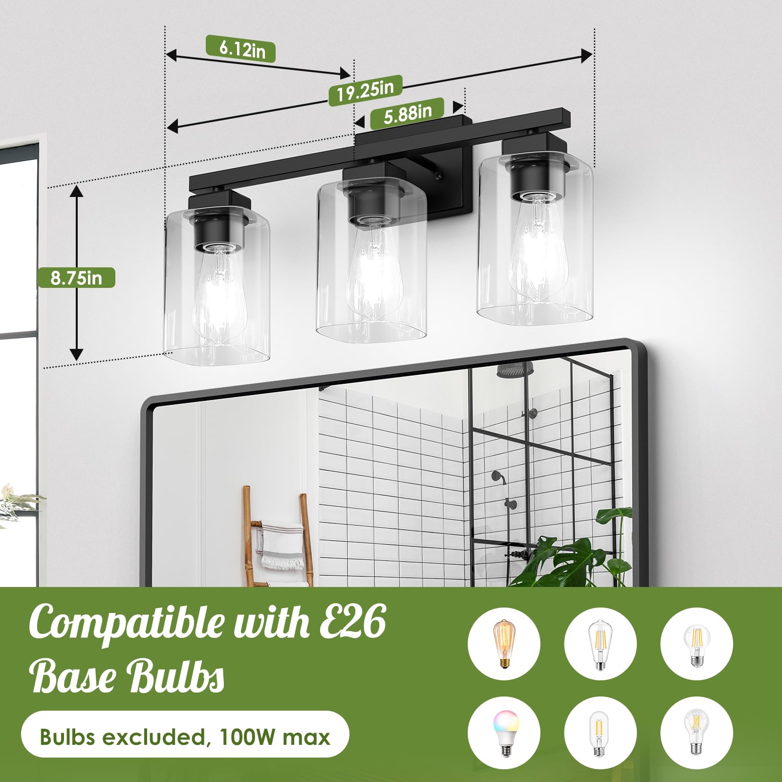 BesLowe 3-Light Bathroom Light Fixture, Modern Matte Black Wall Sconce, Model B19003P