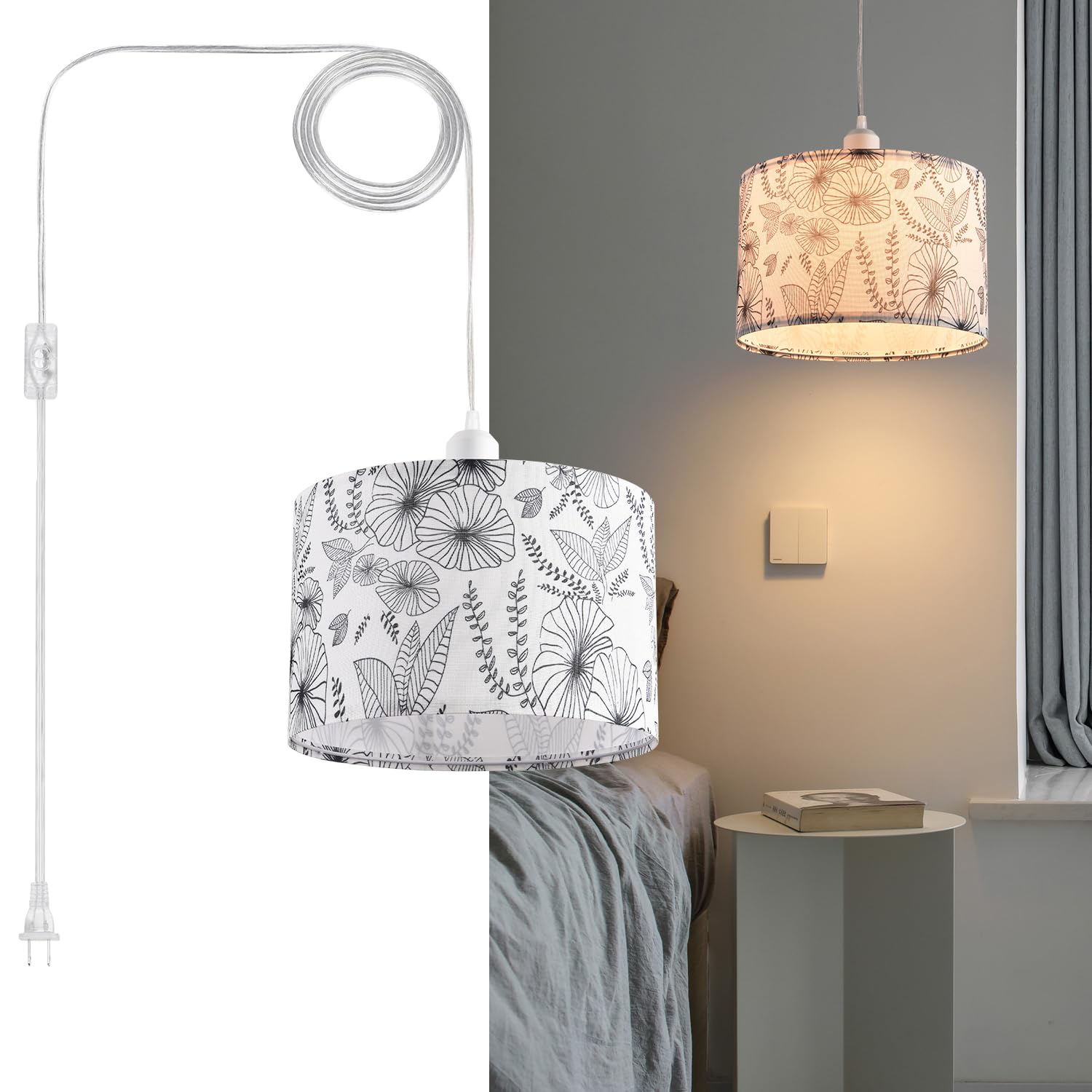 Ihengyanlt 2 Pack Plug In Pendant Light, Hanging Light With 15Ft Clear Cord, On/Off Switch, Flower Fabric Lamp Shade, Hanging Li