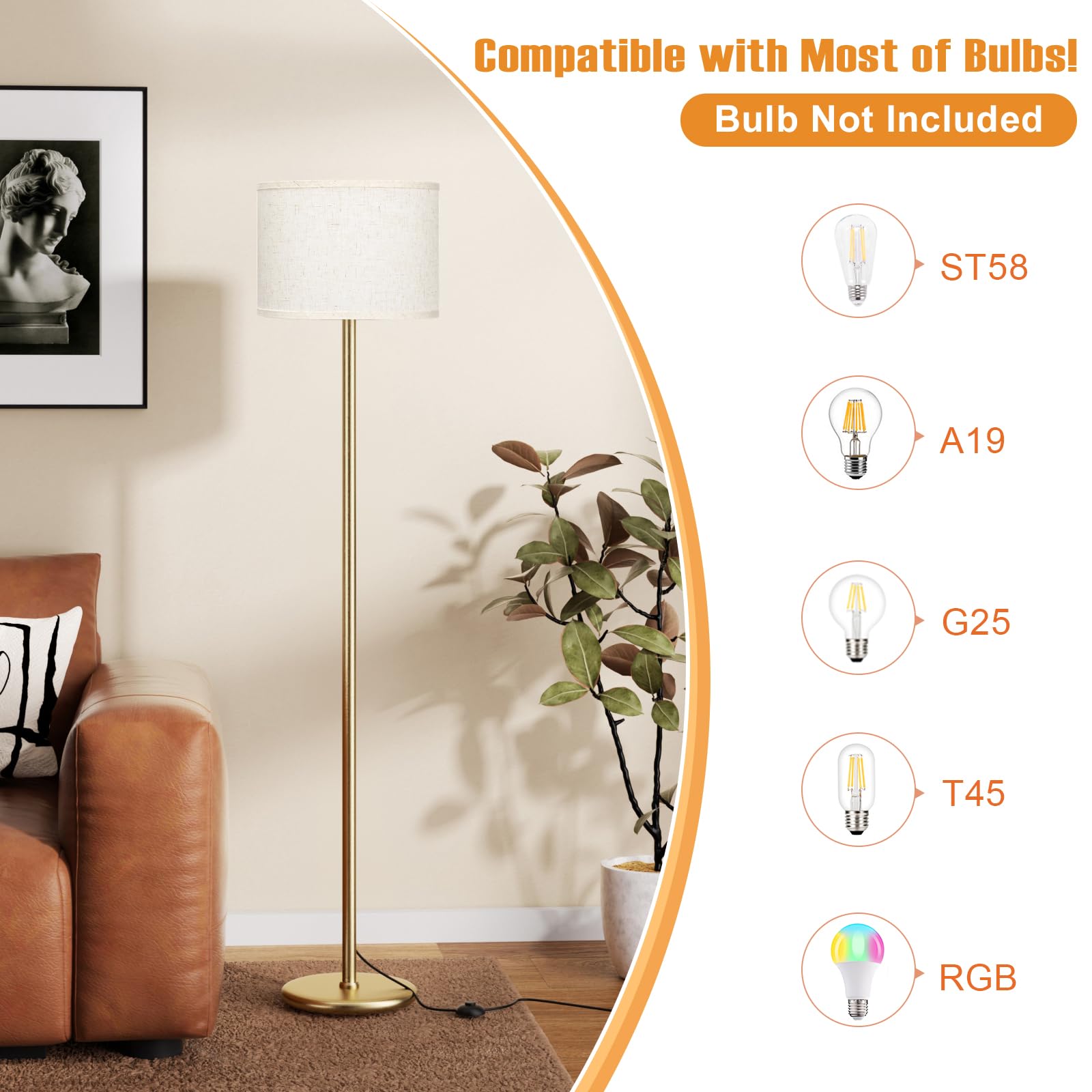 Ambimall 60'' Modern Floor Lamp - Beige Shade & Gold Pole, Tall Design for Living Room, Bedroom, Office (Model: RPT-ZGB10105)