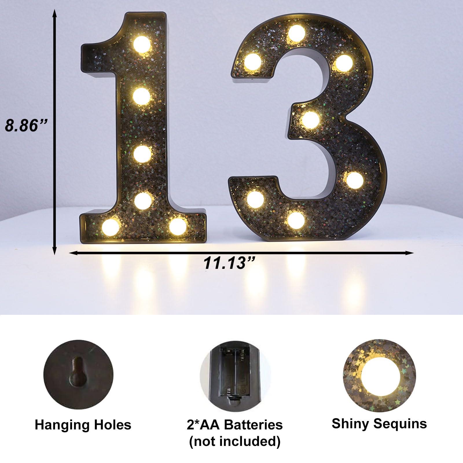 Lovelite 8.8" Decorative LED Glitter Marquee Number 13, Acrylic, Black - Light Up Sign for Birthday Party & Home Decor