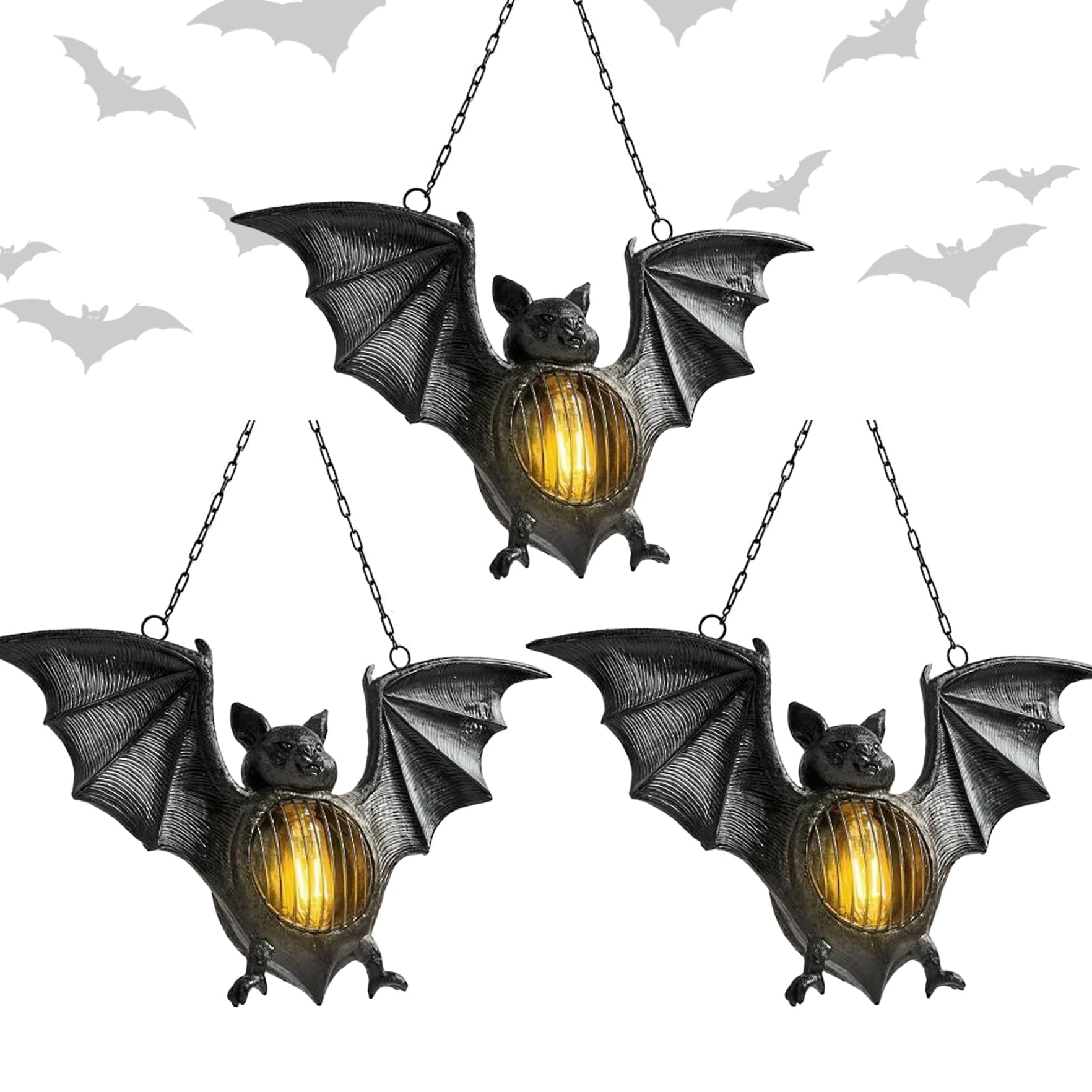 Bat Lights 3 Pcs Halloween Lantern Easy Hanging Creepy Bat Light Outdoor LED Bat Figurine Decor Light up Haunted House Wall Lamp