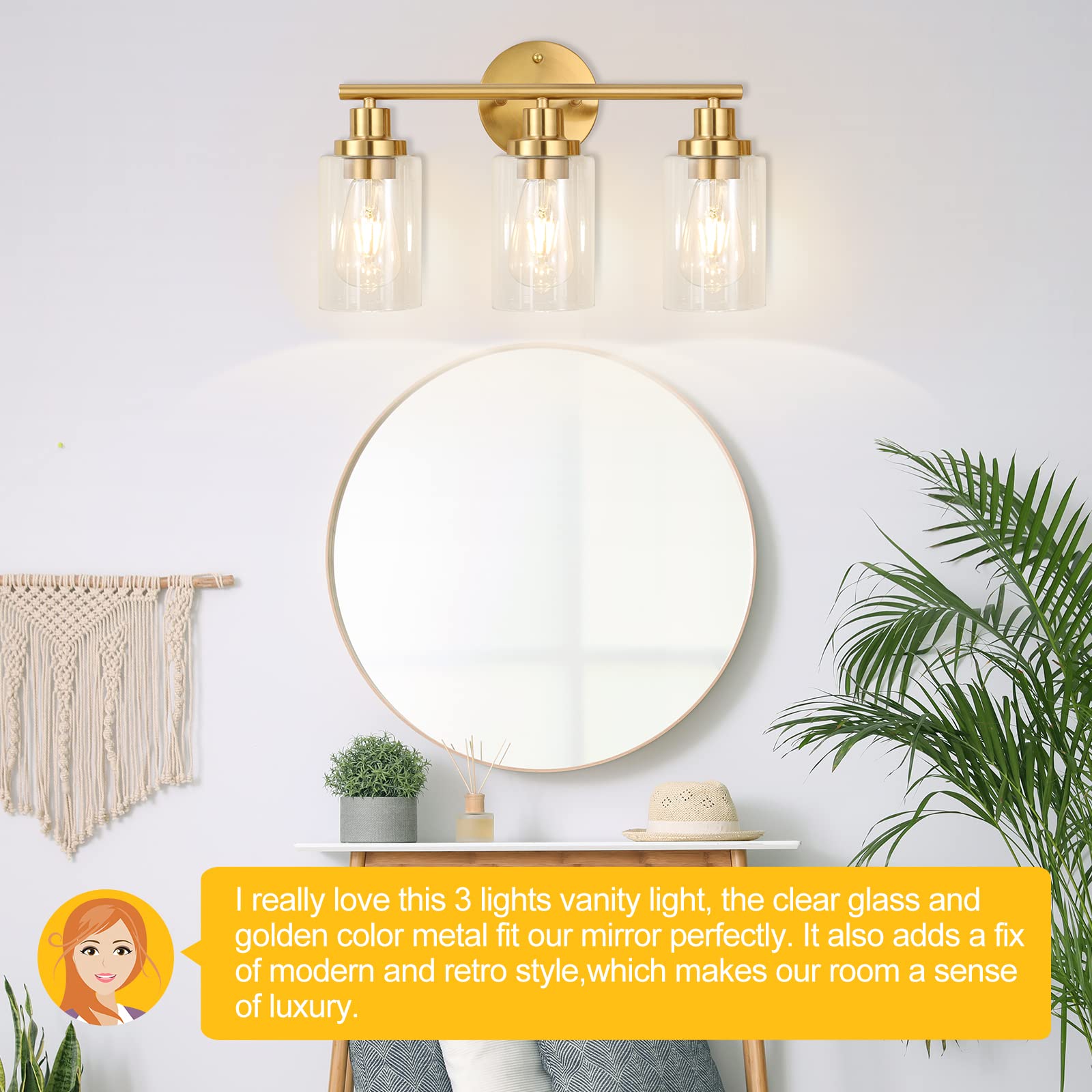 Apenath Brushed Brass 3-Light Bathroom Wall Sconce with Clear Glass Shade, Modern Farmhouse Style