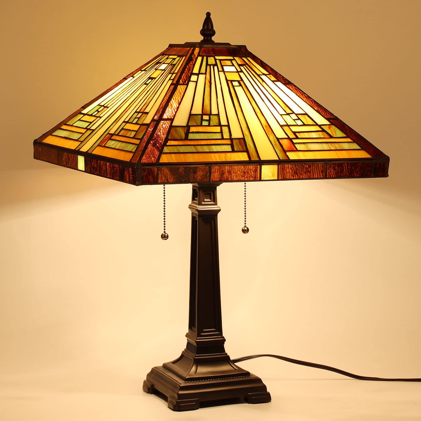 Capulina Tiffany Style Table Lamp Mission Style Tiffany Lamp 2-Light 16X16X24 Inches Amber Brown Stained Glass Desk Lamp Decor For Bedrooms Living Room Study Home Office