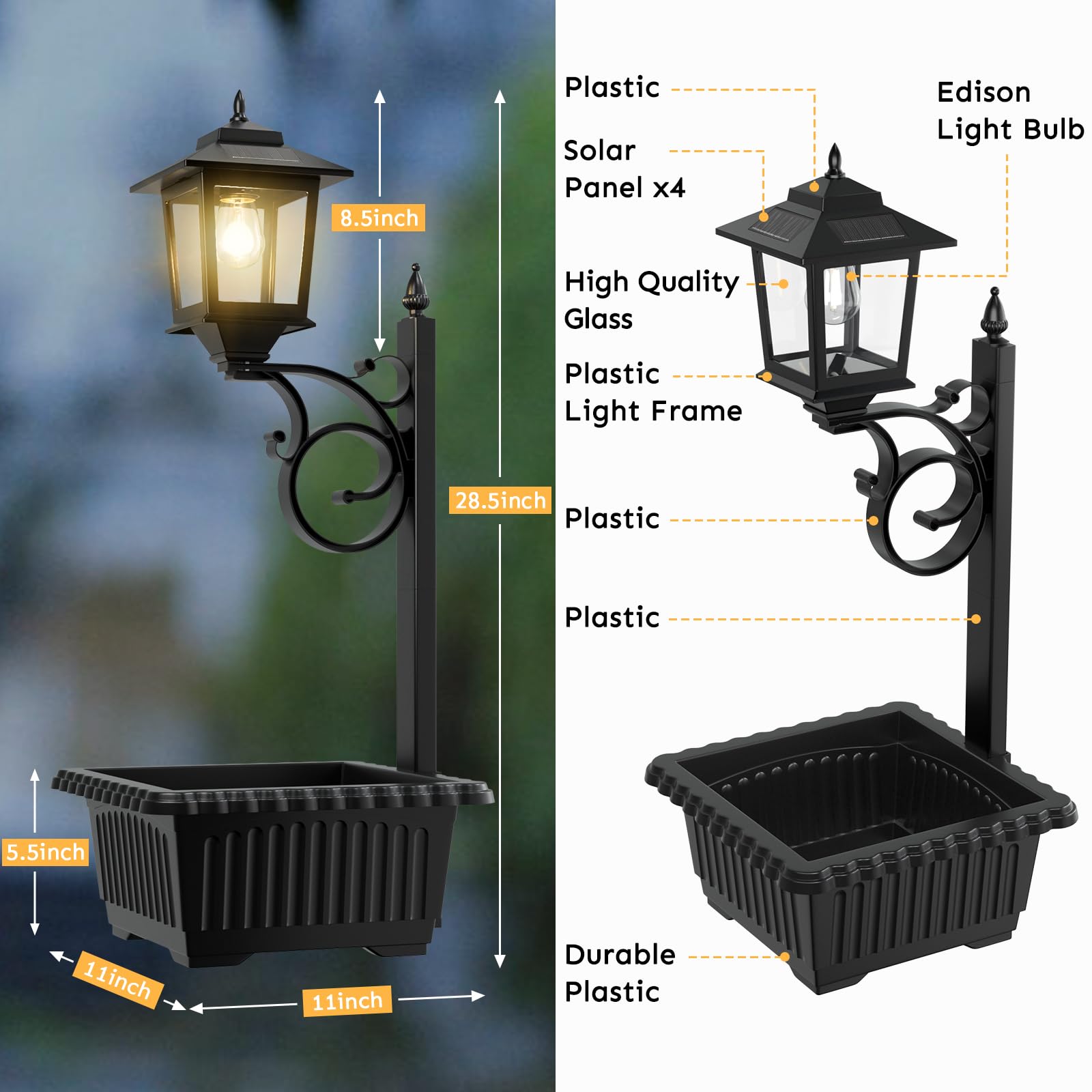 Joyoowild 2 in 1 Solar Lamp Post Light with Planter, Waterproof LED, Black, Model 05F-01