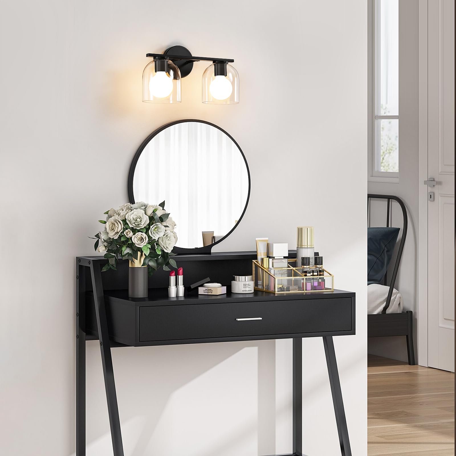 WOSHITU Bathroom Vanity Light Fixtures 2-Light Matte Black Aluminum Over Mirror, Model 8202 with Clear Glass Shade, 14.2 Inch