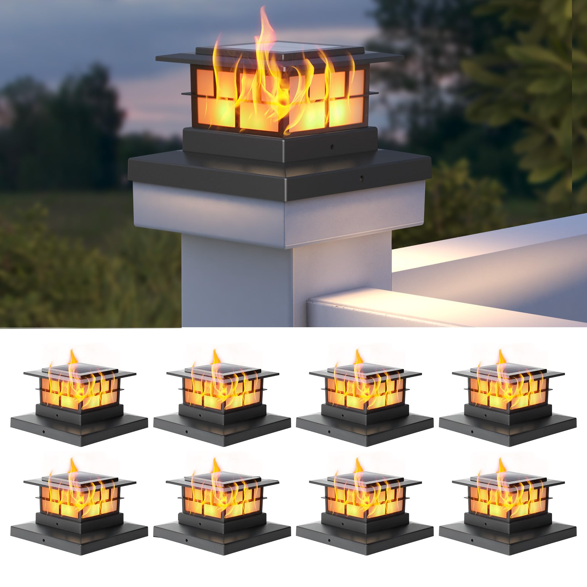 LUTEC 8 Pack Solar Post Cap Lights  IP65 Waterproof Solar Flame Fence Post Lights for 4x4 5x5 6x6 Wooden/Vinyl Posts  Flickering Flame Warm White 3000K LED Lighting Decor for Yard  Patio  Deck  Black