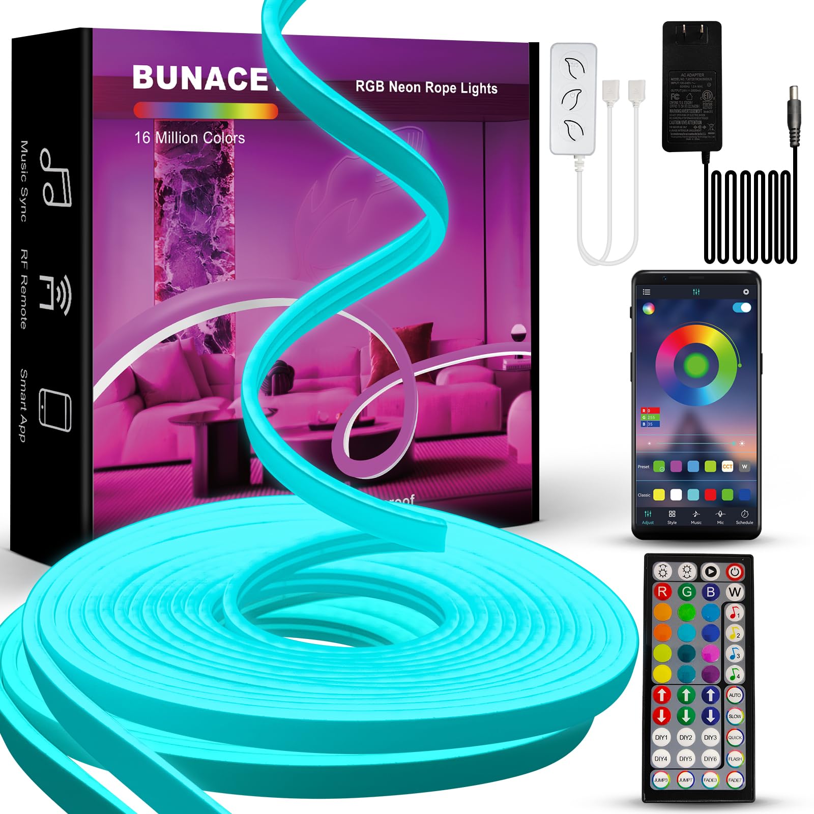 BUNACET 52FT LED Neon Rope Lights, RGB Strips Light with Remote & APP Control,Flexible IP67 Waterproof Outdoor, Music Sync,DIY D