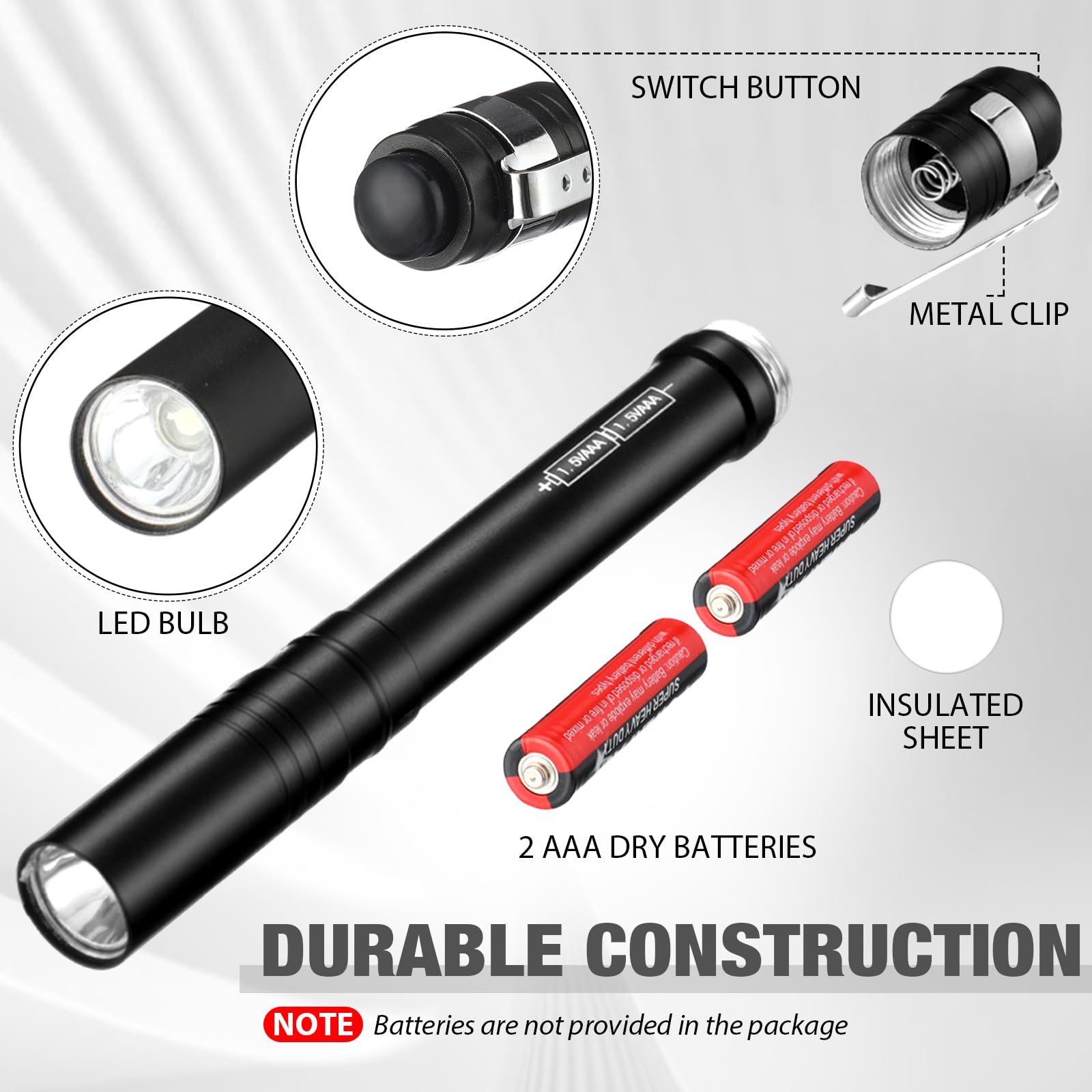Rossesay Mini Pen Flashlights, 24 Pack, LED, Aluminum, Black, Model XUU-Rossesay-0834, Compact for Camping and Hiking