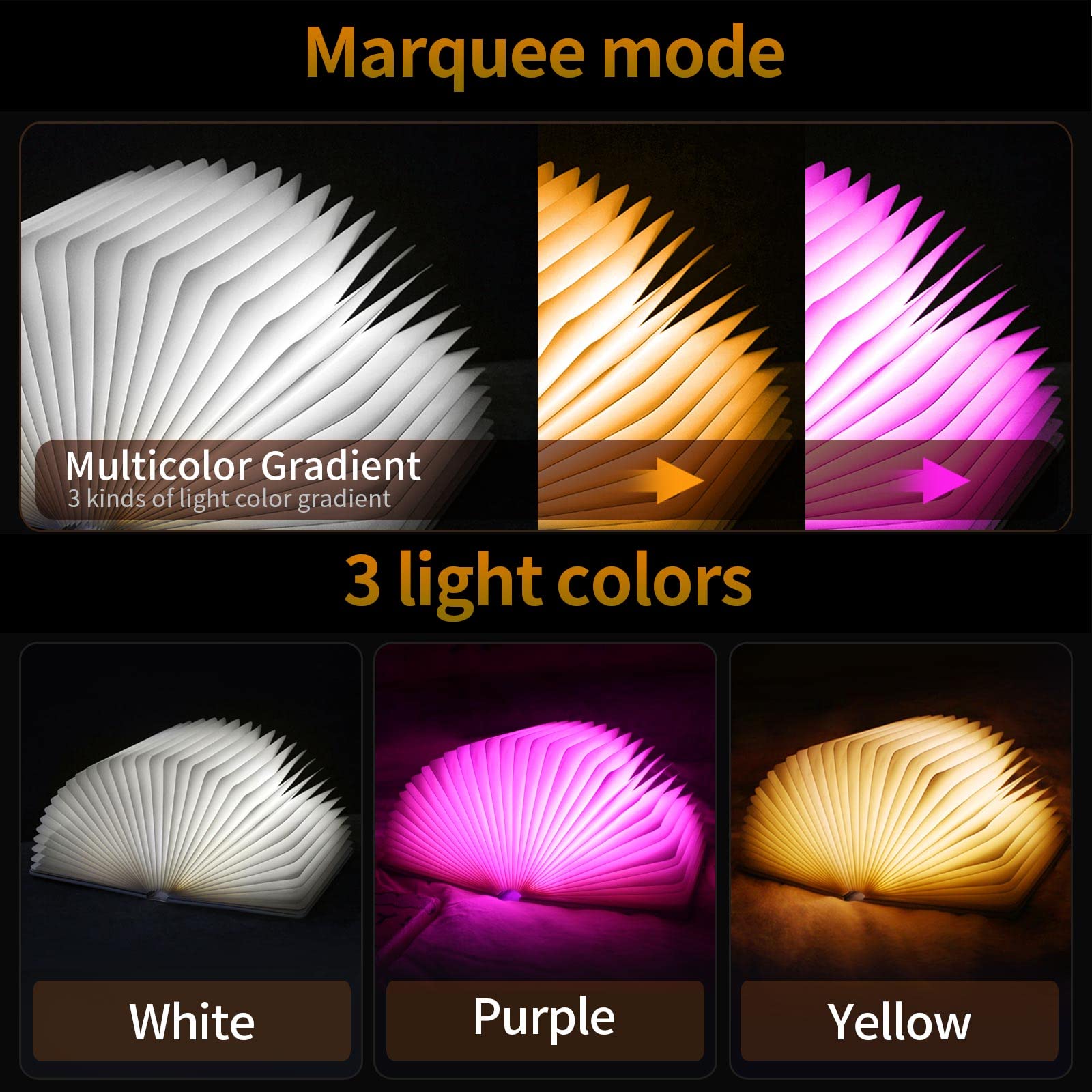 QXMGCBOK Folding Book Lamp - Rechargeable Color Changing Lizard Embossed Mood Light, Large Size, White/Warm Yellow/Purple