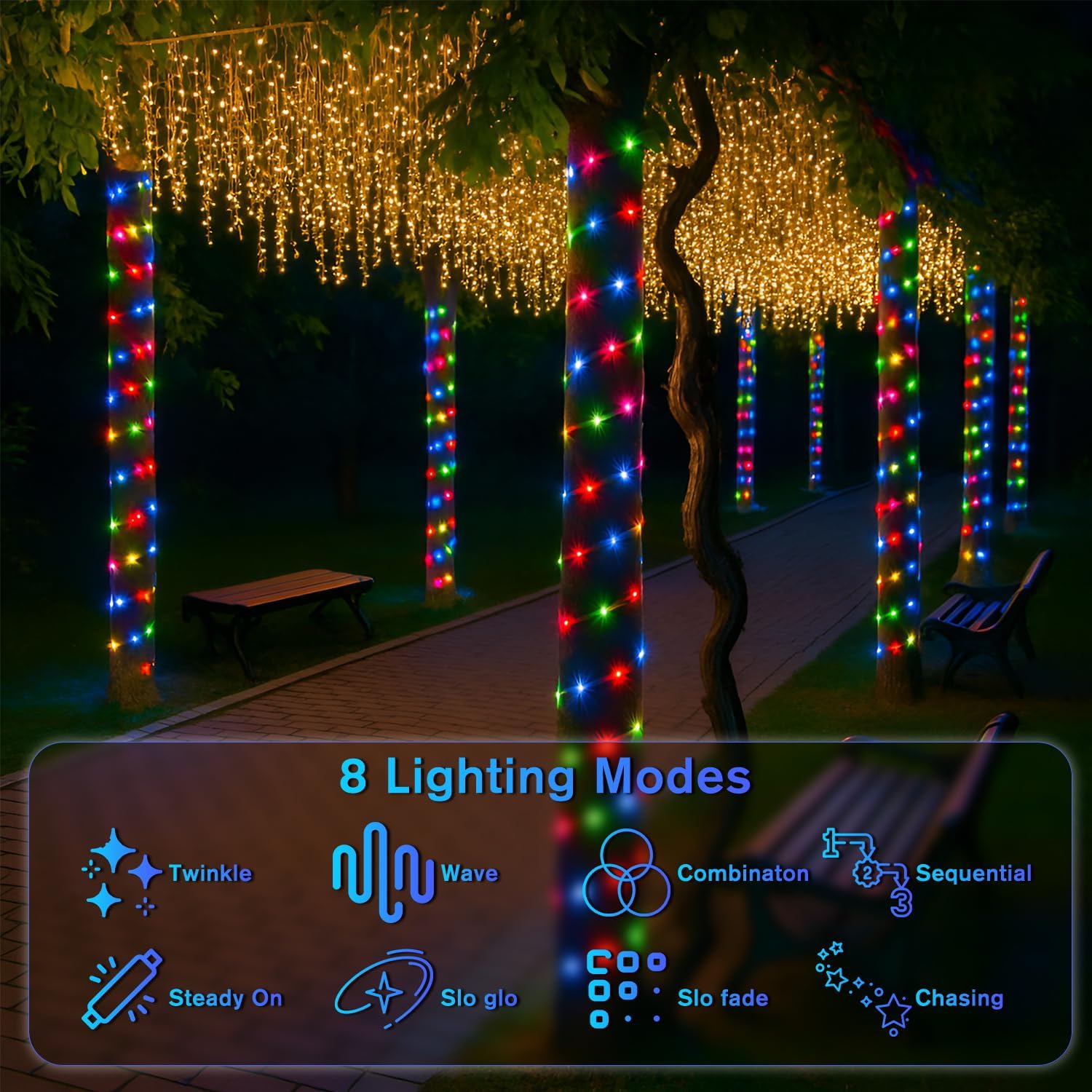 ANJAYLIA Solar Rope Lights, 33FT 100 LED Waterproof, Multicolor, 8 Modes, Plastic, Model MCQZD100