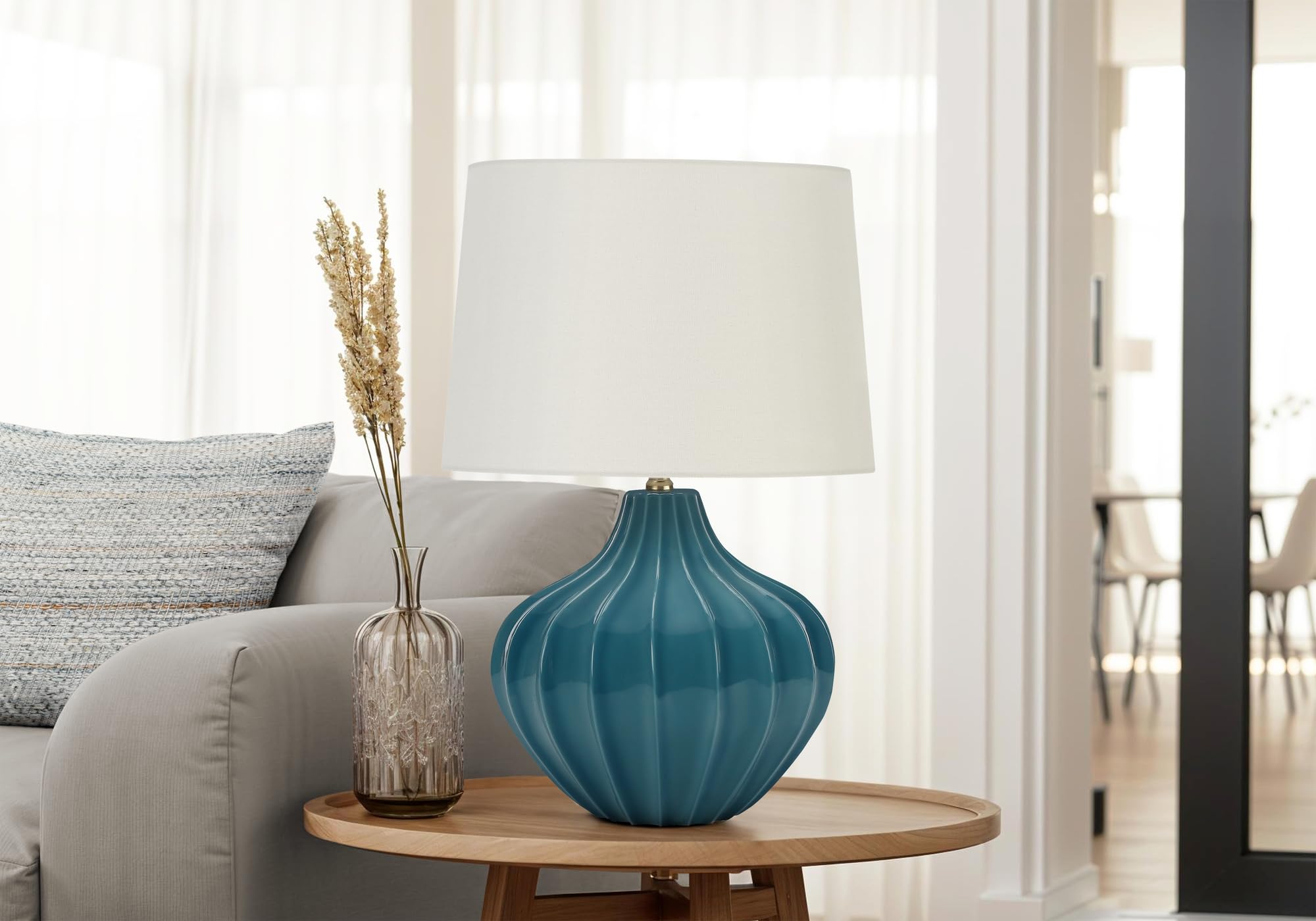 Monarch Specialties 9612 Table Lamp, Blue Ceramic, Ivory Shade, 24.25in H x 16in L x 16in W