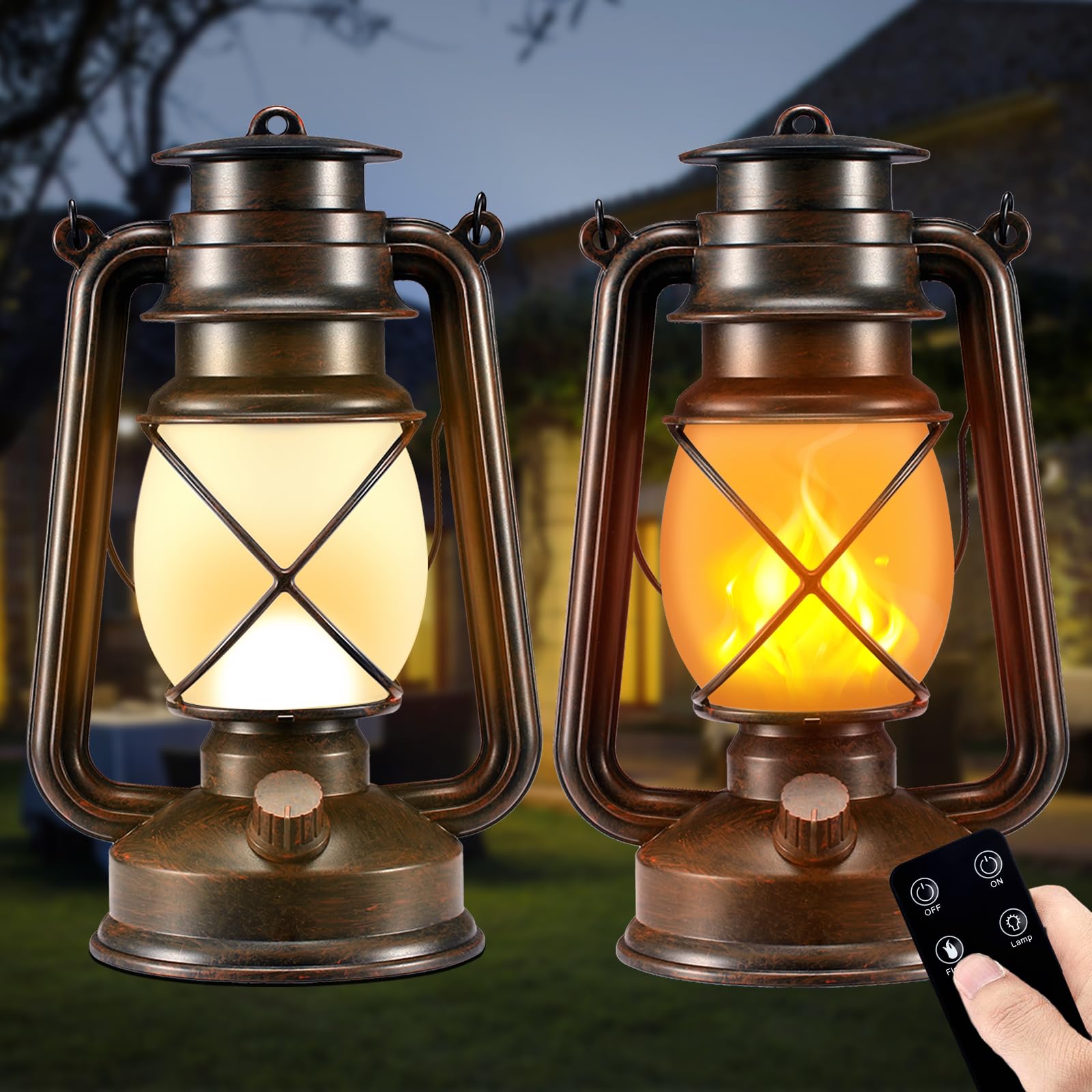 Battery-Powered LED Lanterns Decorative Outdoor & Indoor,2 Pack Bronze Vintage Lanterns with Dancing Flame,Retro Style Lantern D