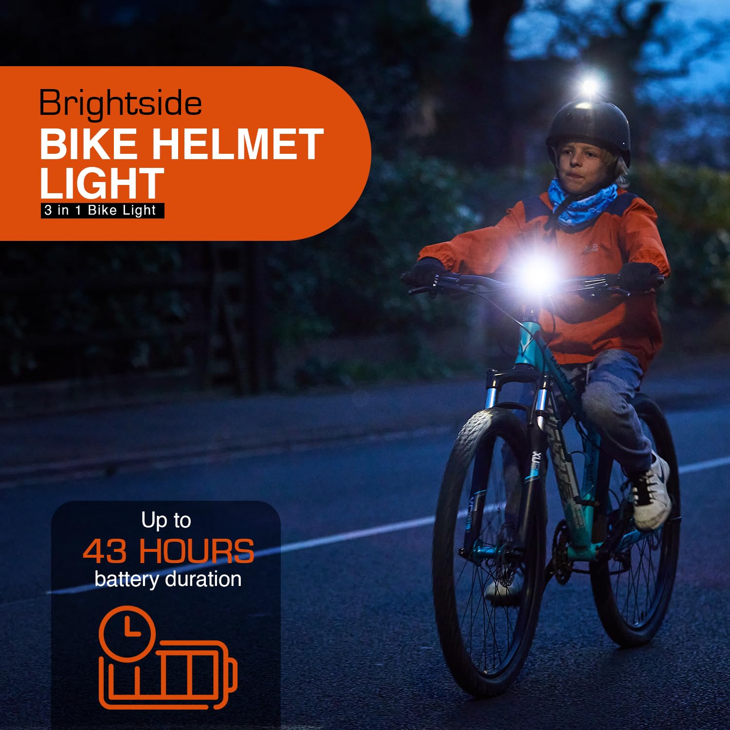 Brightside Bike Helmet Light - 2 in 1 Front & Rear Light, Waterproof, Rechargeable, 43 Hour Runtime, Red/White, Model TS01, Fits Most Helmets