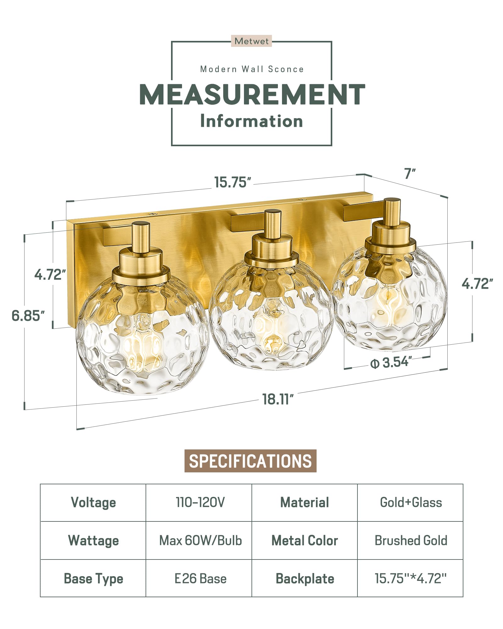 METWET 3-Light Bathroom Vanity Light Fixture, Brushed Gold with Clear Hammered Glass Shade, Model VL200-BG-3
