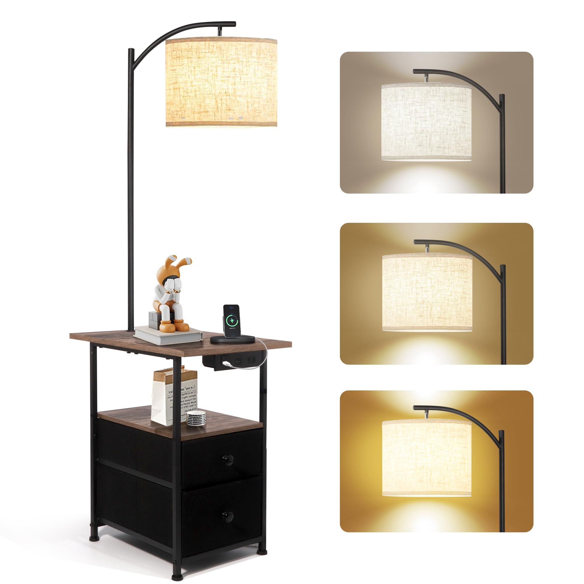 PESRAE Floor Lamp with Table & Drawers, USB & Type C Charging, 14.17inx19.68inx57.87in, Natural Wood, Model PFL-009A