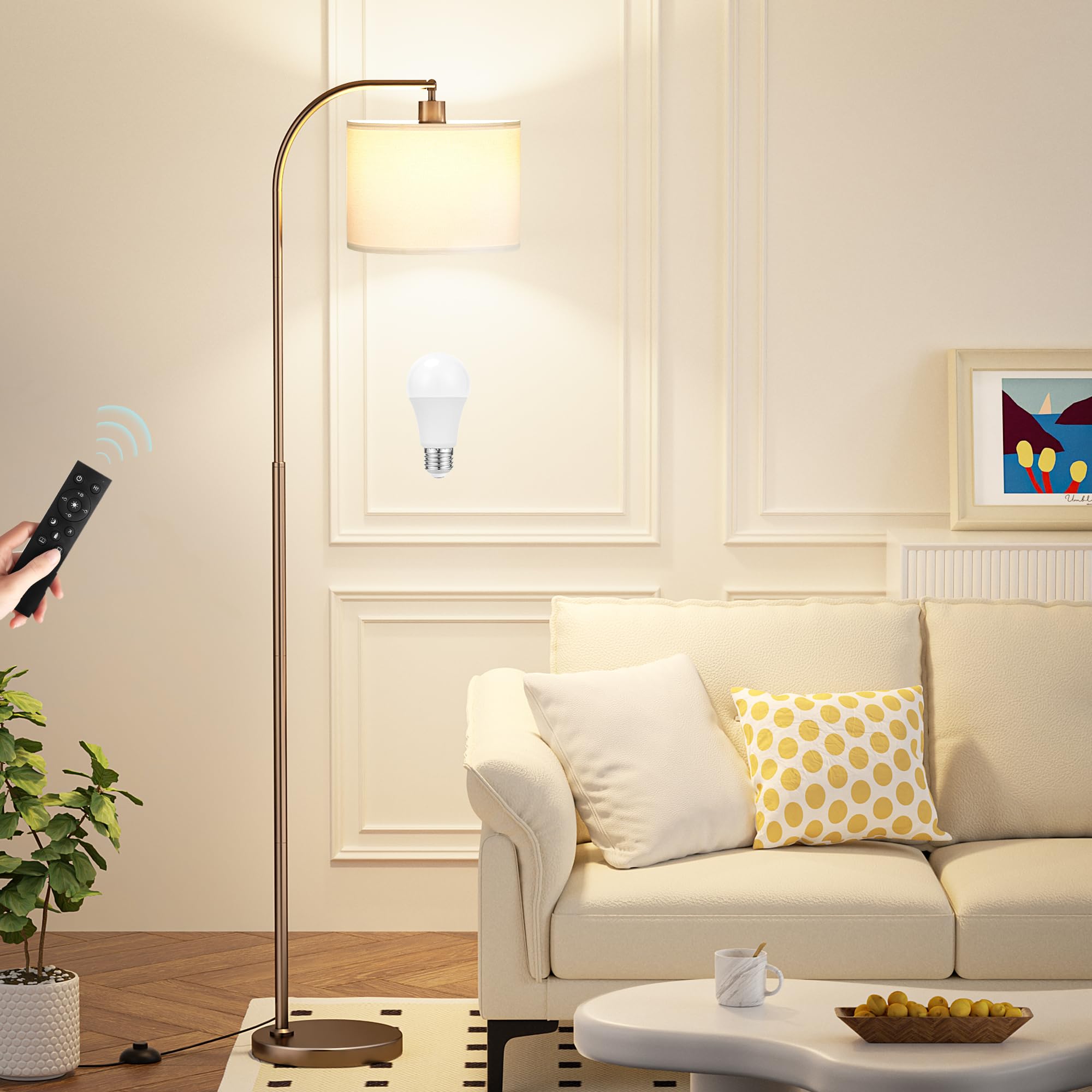 Arc Floor Lamp With Remote And Stepless Dimmable Bulb, Colors Temperature & Brightness Adjustable, Floor Lamps For Living Room(W
