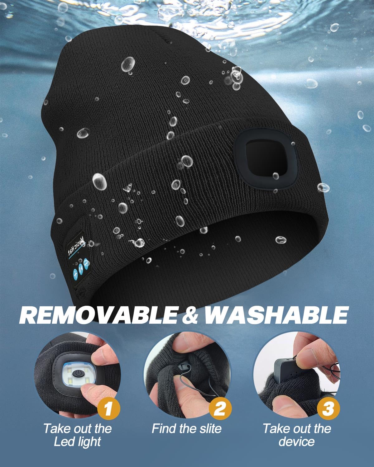 MOXTOYU Bluetooth Beanie with Light, USB Rechargeable Winter Hat, Black, Model M1-BL20, Perfect for Running, Hiking, and Skiing