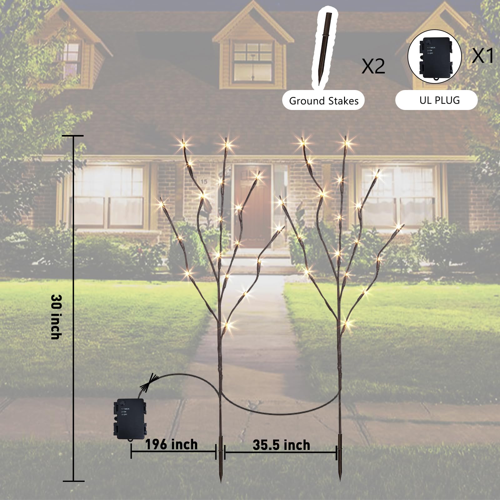 PEIDUO Lighted Branch Pathway Lights, 40 LED, Battery Operated, Timer, 30 Inch, Warm White, 2PK