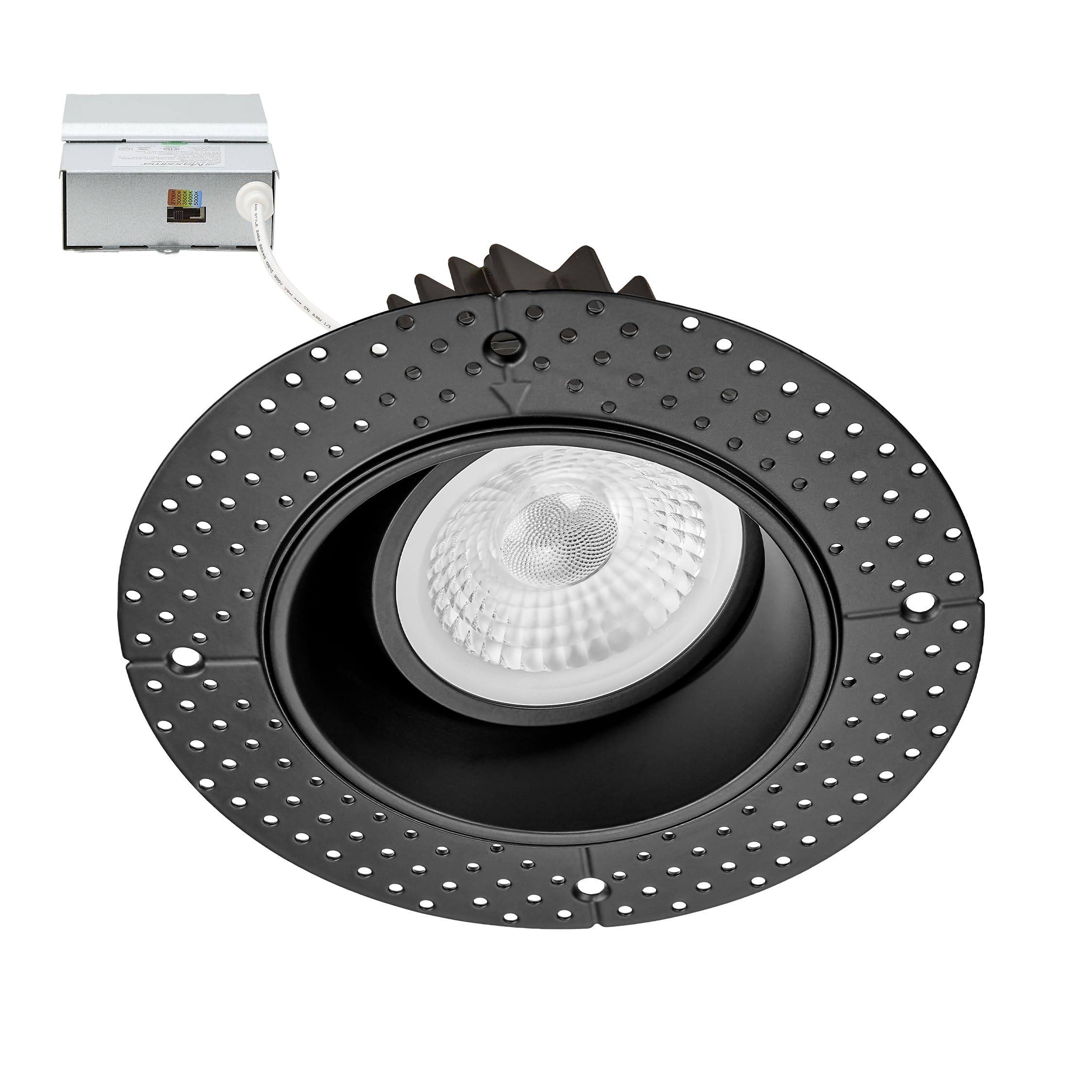 Maxxima 4 in. 5 CCT Adjustable Slim Black Trimless Recessed LED Eyeball Gimbal Downlight, 800 Lumens Color Selectable 2700K/3000