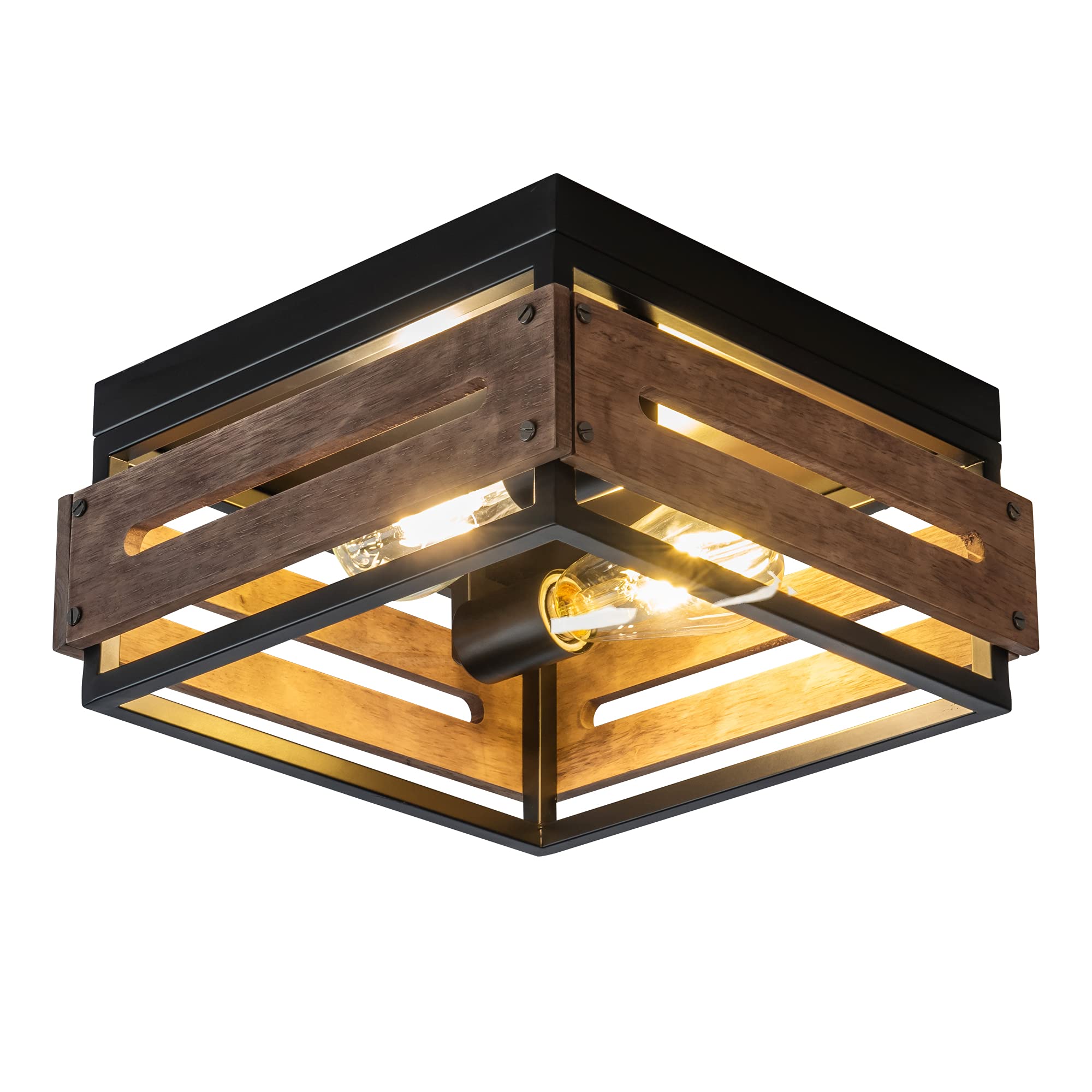 Mayful Flush Mount Ceiling Light, Rustic Ceiling Light Fixture with Black Metal and Wood Design, 2-Light Farmhouse Light Fixture