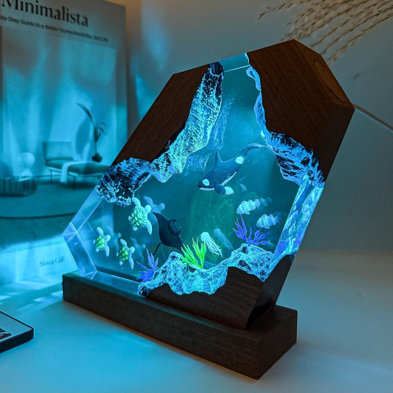 Orca Ocean Resin Lamp  Handmade Wooden Table Resin Night Light  Usb Port Art Ornaments For Home Office Decor  Scuba Diver Gifts For Birthday Holiday  Unique Thanksgiving Day And Christmas Gifts