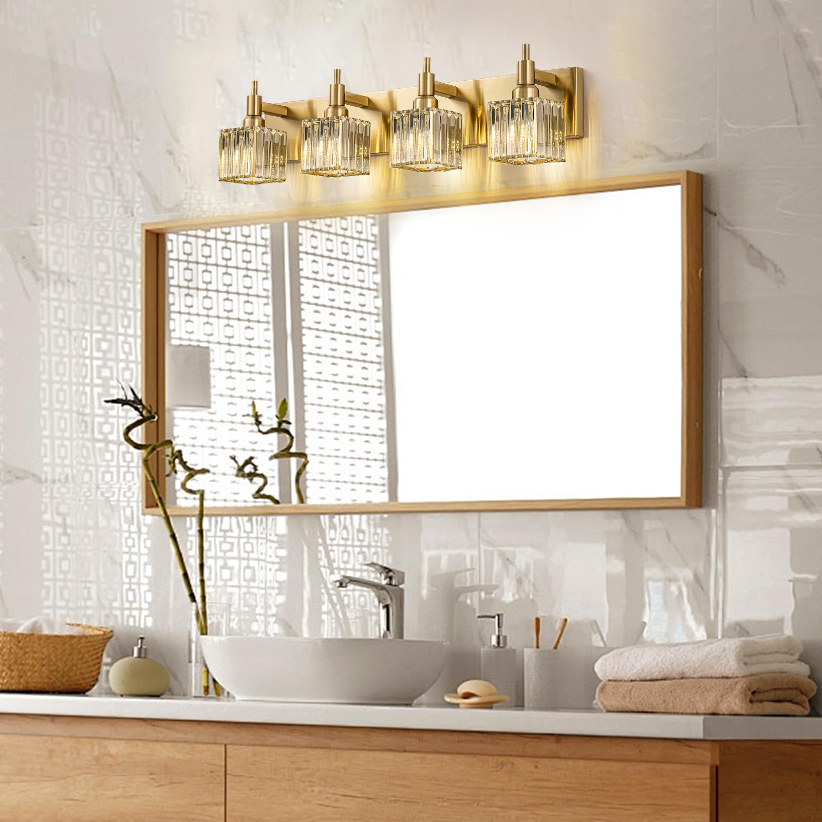 Huoku Gold Bathroom Vanity Lights, 4 Lights Crystal Bathroom Lighting Fixtures Over Mirror Modern Gold Crystal Bathroom Wall Lig