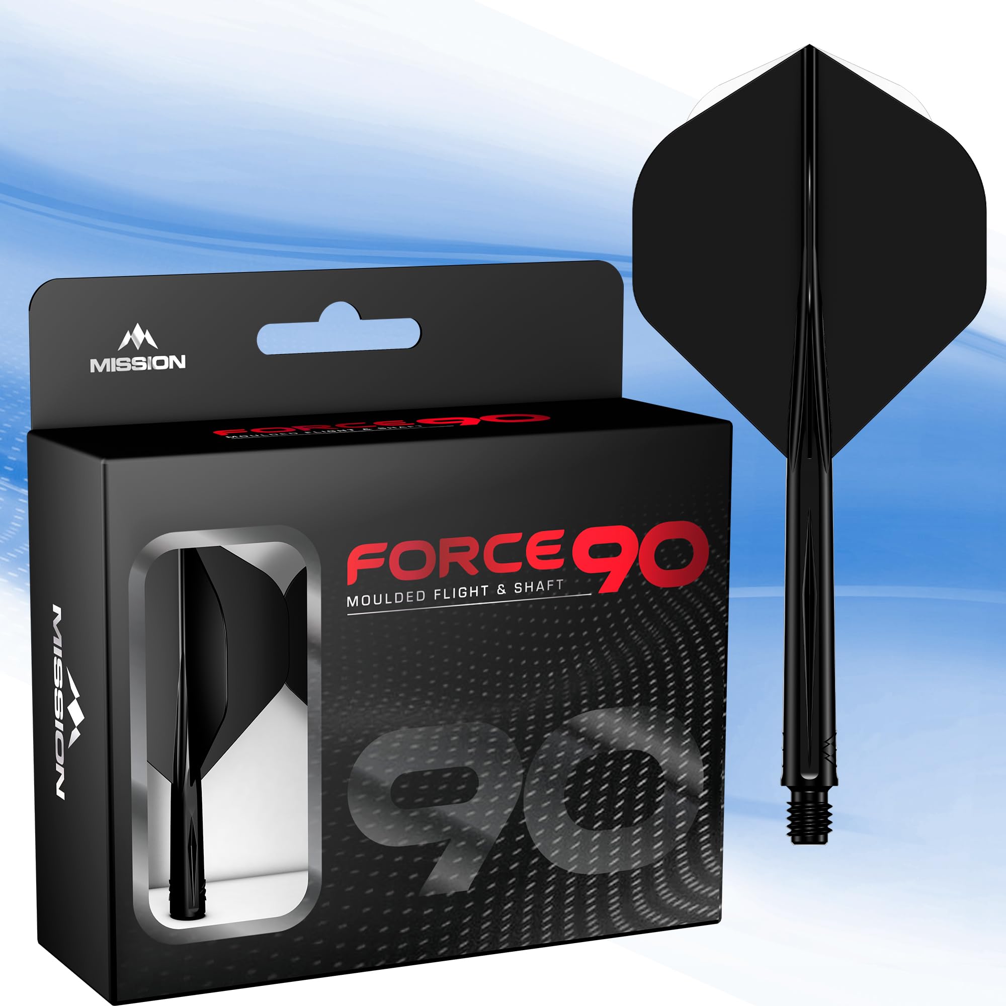 Mission Darts Force 90 Dart Flights and Stems, 2-in-1 System, Plastic, Standard No.2, Medium, Black, Pack of 3