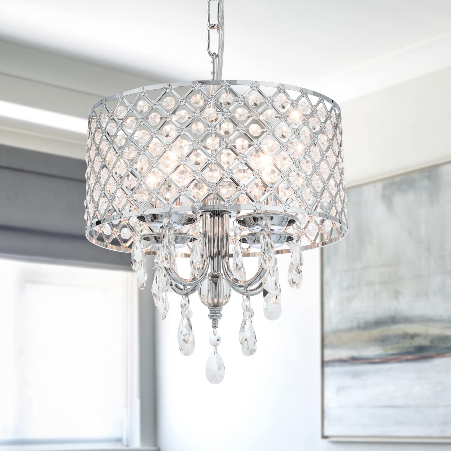 Viluxy Modern Crystal Chandelier Chrome French Country Pendant Light Small Hanging Ceiling Light Fixture Drum Shade For Bedroom,