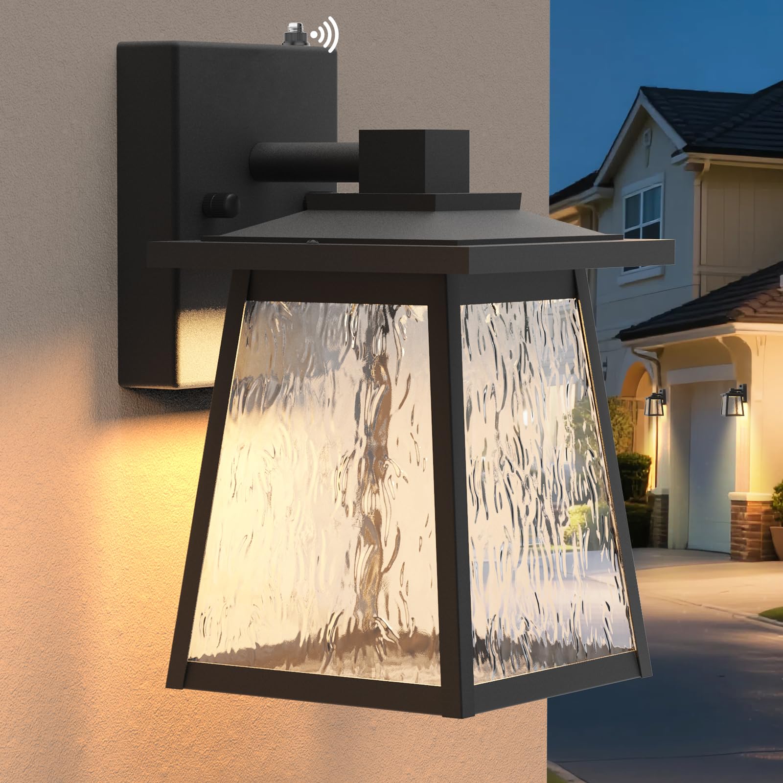 LTBLIGHT Dusk to Dawn Outdoor Lighting, 3000K 4000K 5000K 10W Porch Light Fixture, Modern Black Water Ripple Glass Wall Lights W
