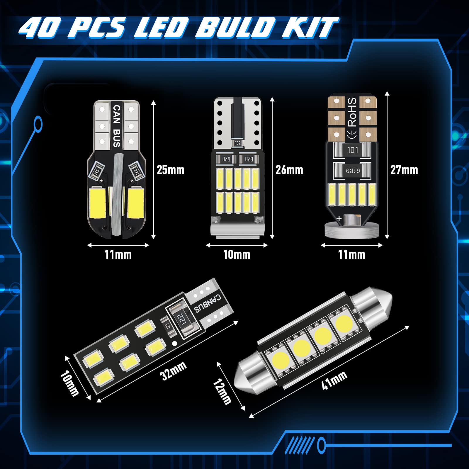 40 Pcs Dome Light Led Car Bulb Kit Led Interior Car Lights T10 25 Mm 26 Mm 27 Mm 32 Mm And 41 Mm Led Festoon Bulbs Led Interior Replacement Bulbs For Car Map Door Courtesy License Plate Lights (White)