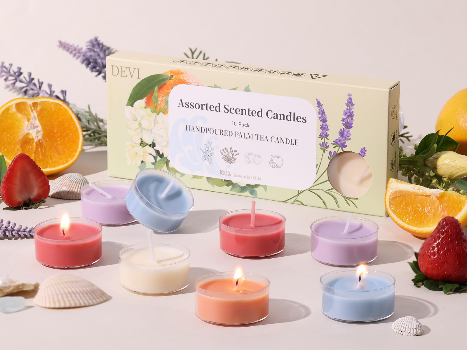 DEVI Assorted Scented Tea Lights Candles 10 Pack  3.5-4 Hours Natural Palm Tea Candles Bulk for Home Scented  Highly Scented Small Votives with Essential Oils for Home Aromatherapy  Baby Shower Favors