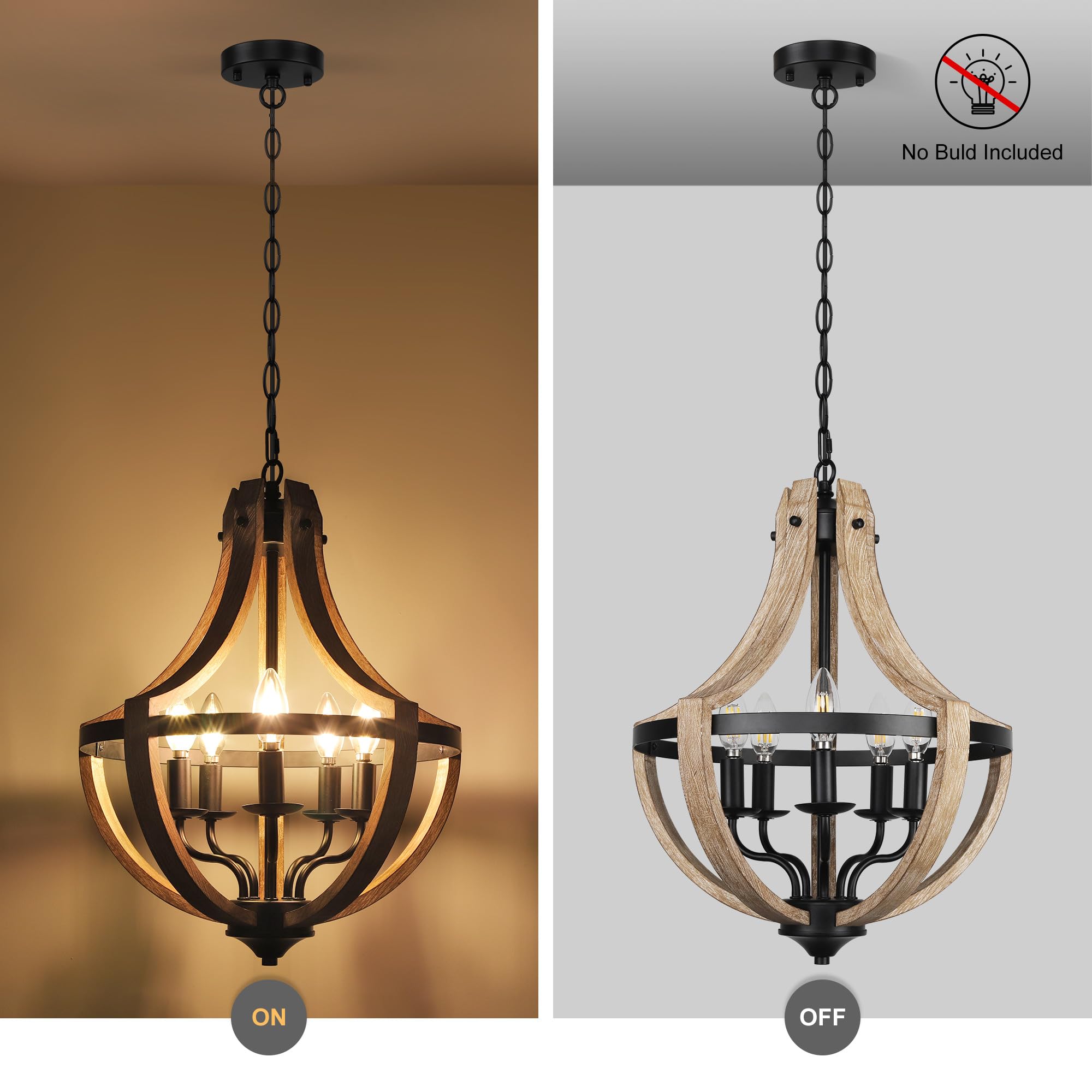 Klgxnrd 5-Light Farmhouse Wood Chandelier - Antique Wood, Adjustable Height, Rustic Geometric Design for Dining Room, Kitchen, Entryway