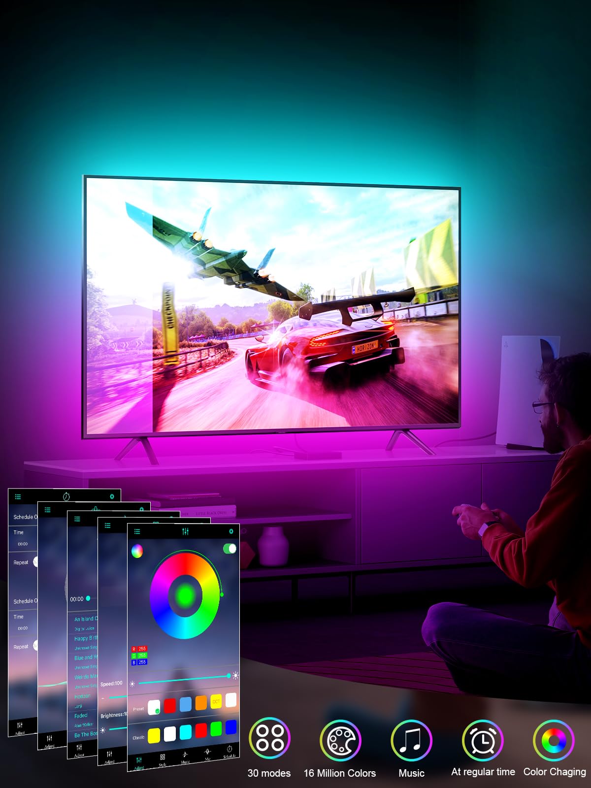 Gipoyent Tv Light Strip, Music Sync Led Tv Backlight, For 55-80 Inch Tv, Led Tv Light With Bluetooth Function - Rgb Color Changing Light Strip For Home Theater (19.6Ft)