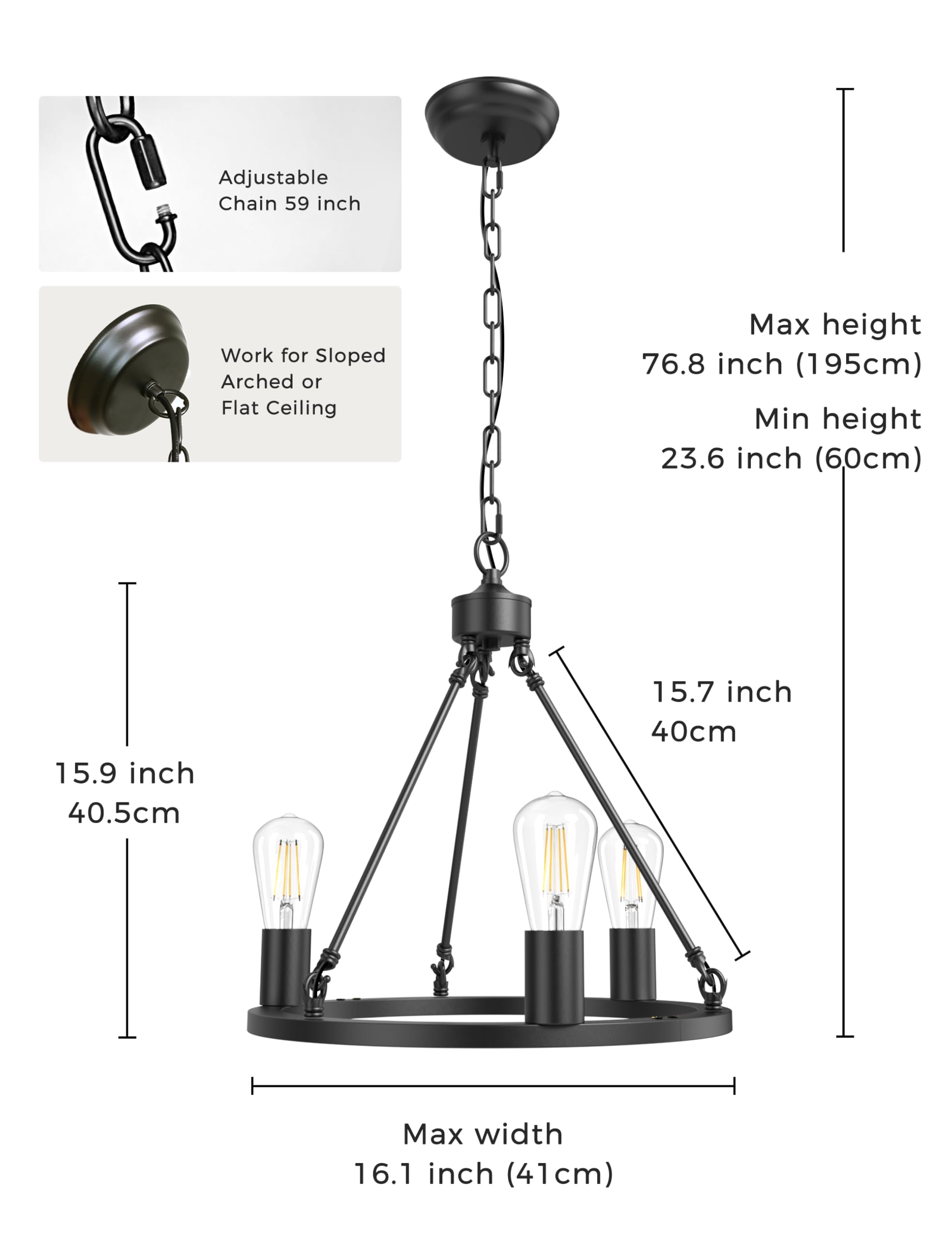 L LOHAS LED 3-Light Wagon Wheel Chandelier, 16" Adjustable Metal Fixture, Black for Dining Room & Kitchen Island