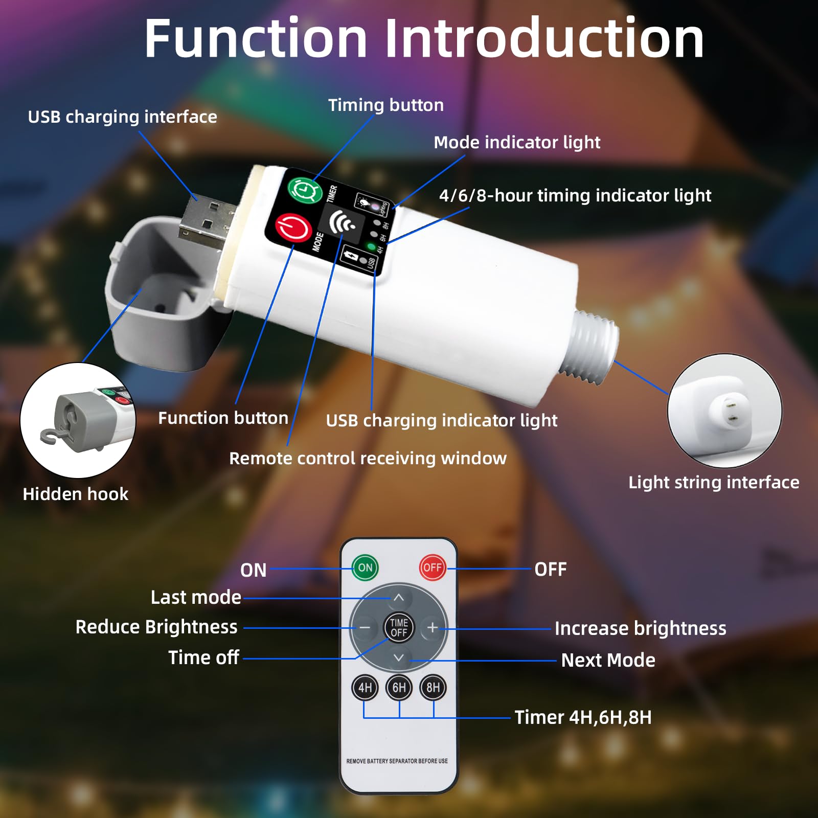 Moobibear Camping String Lights, 33FT 100LED RGB, Waterproof LED Lamp, Rechargeable Tent Lights, Model B-SL003-50L-WN, 10M Rugby