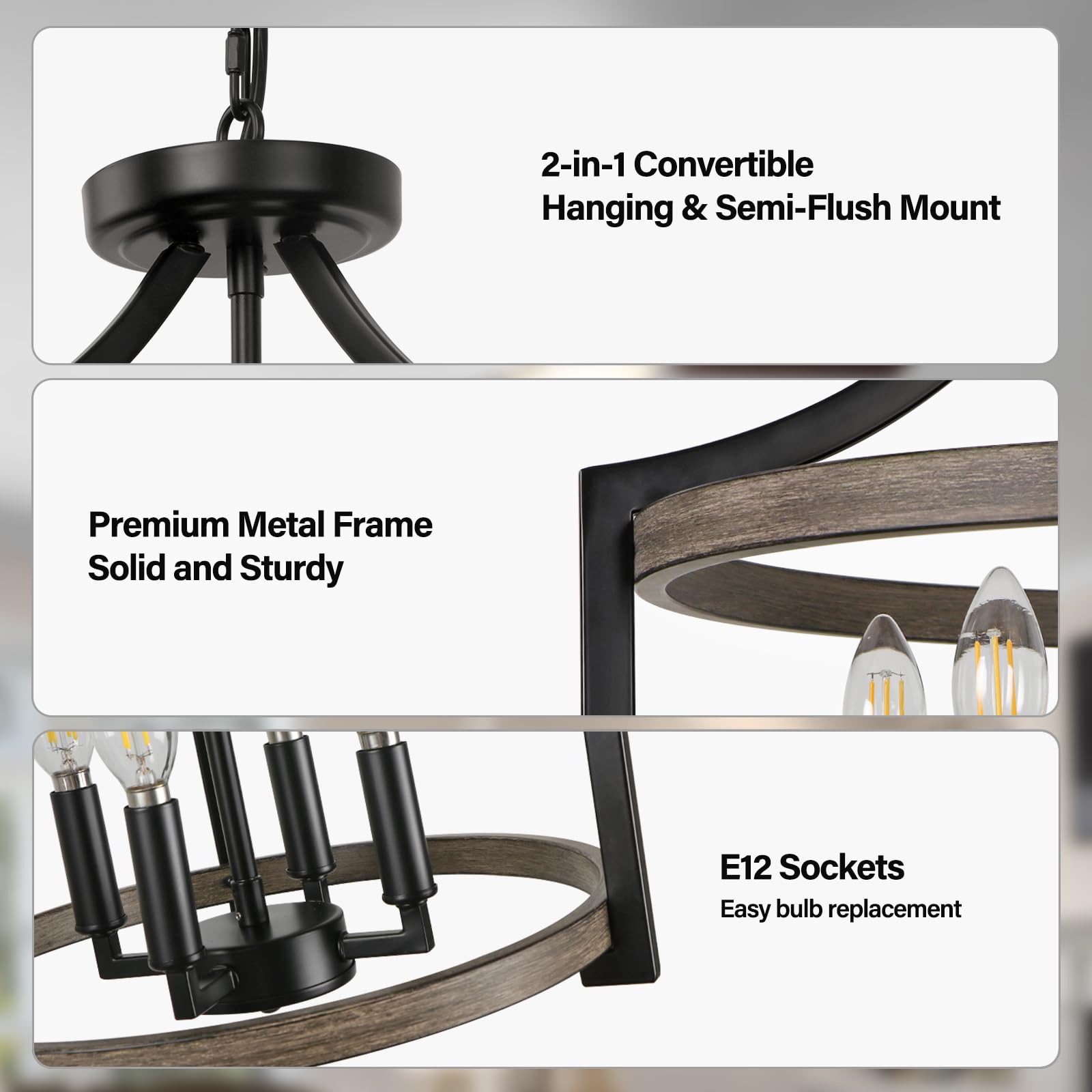 WBinDX 4-Light Farmhouse Chandelier, Rustic Metal Pendant Light, Black Faux Wood, Model WB128S-4BW, Ideal for Dining Room & Entryway
