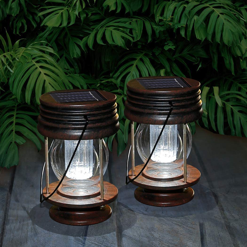 Pearlstar Solar Lantern - Hanging Outdoor Lights - 2 Pack Waterproof LED - Vintage Design - Small - White Lights